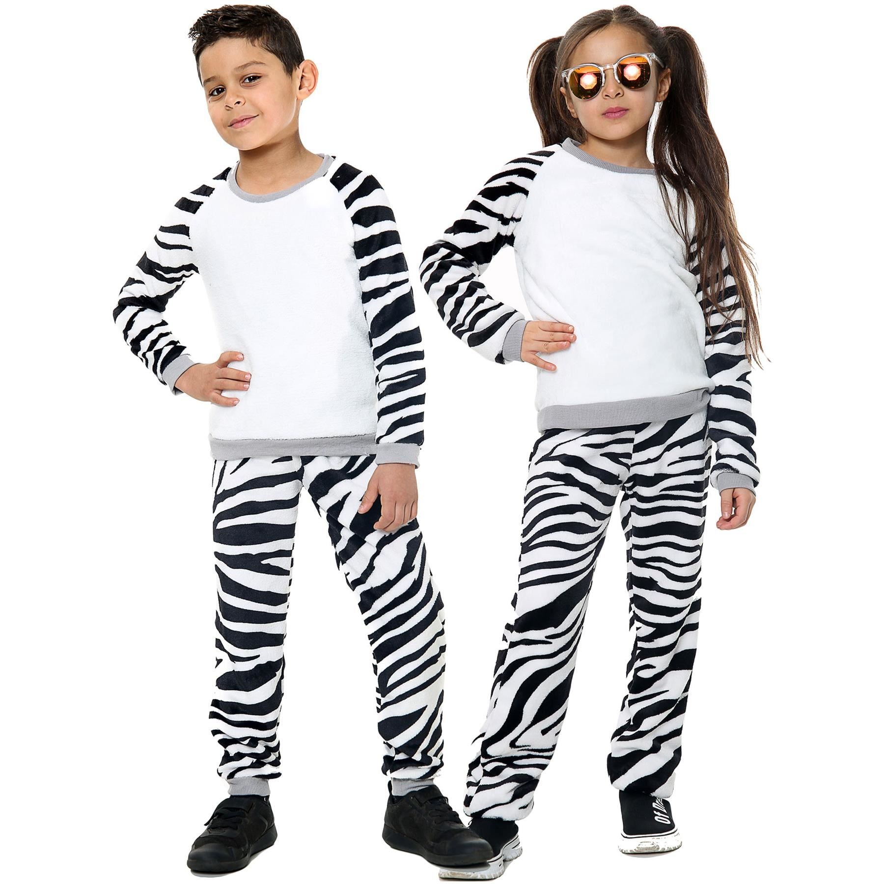 Kids Zebra Print Sleeve Pyjamas Sleepsuit Costume For Girls Boys Age 5-13