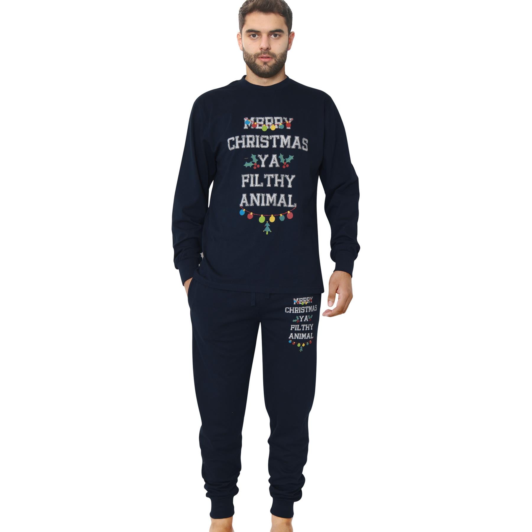 Mens Christmas Pyjamas Navy Ya Filthy Animal Printed PJs Xmas Set Lounge Suit