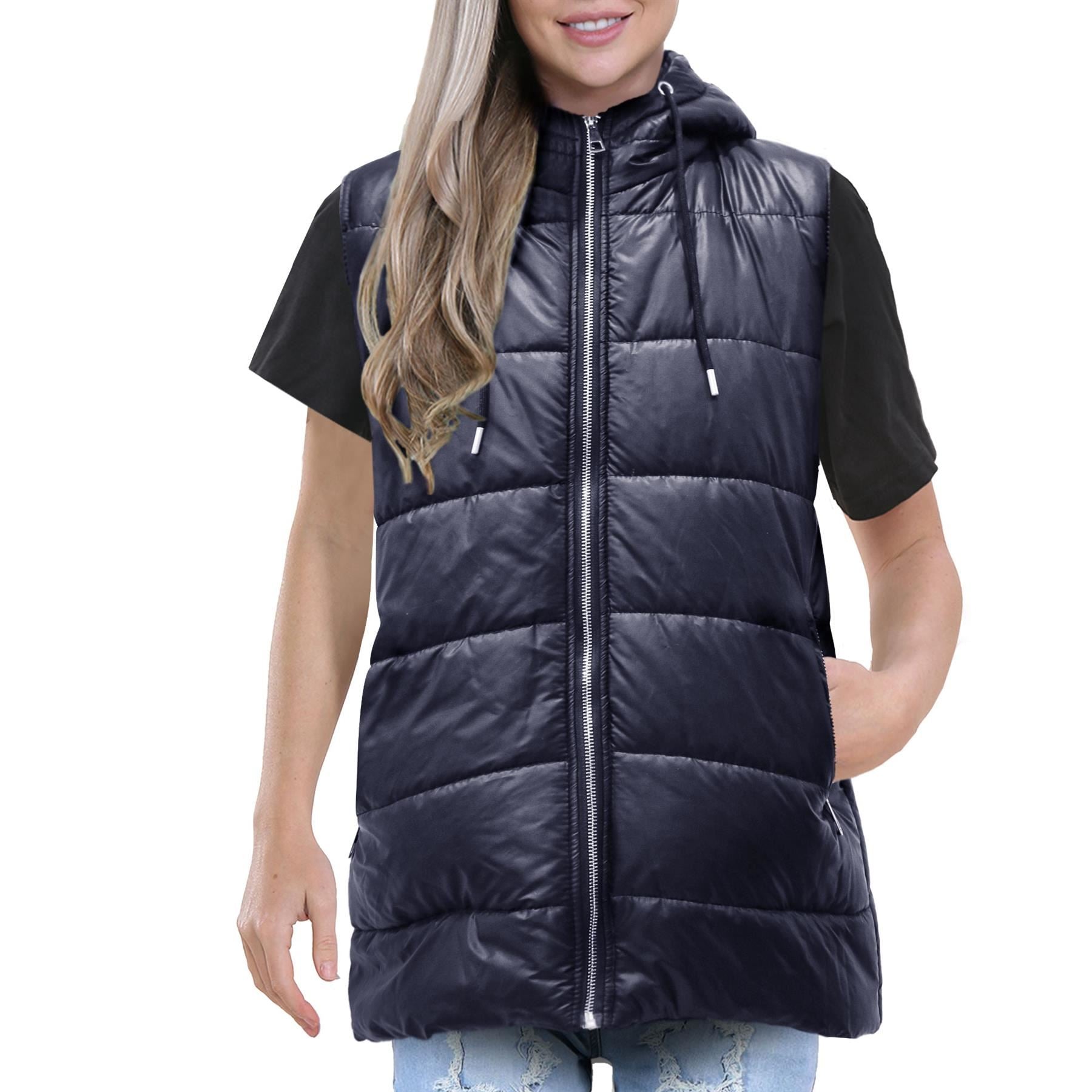 Ladies Oversized Silver Zipped Pockets Gilet Navy Jacket Sleeveless Coat