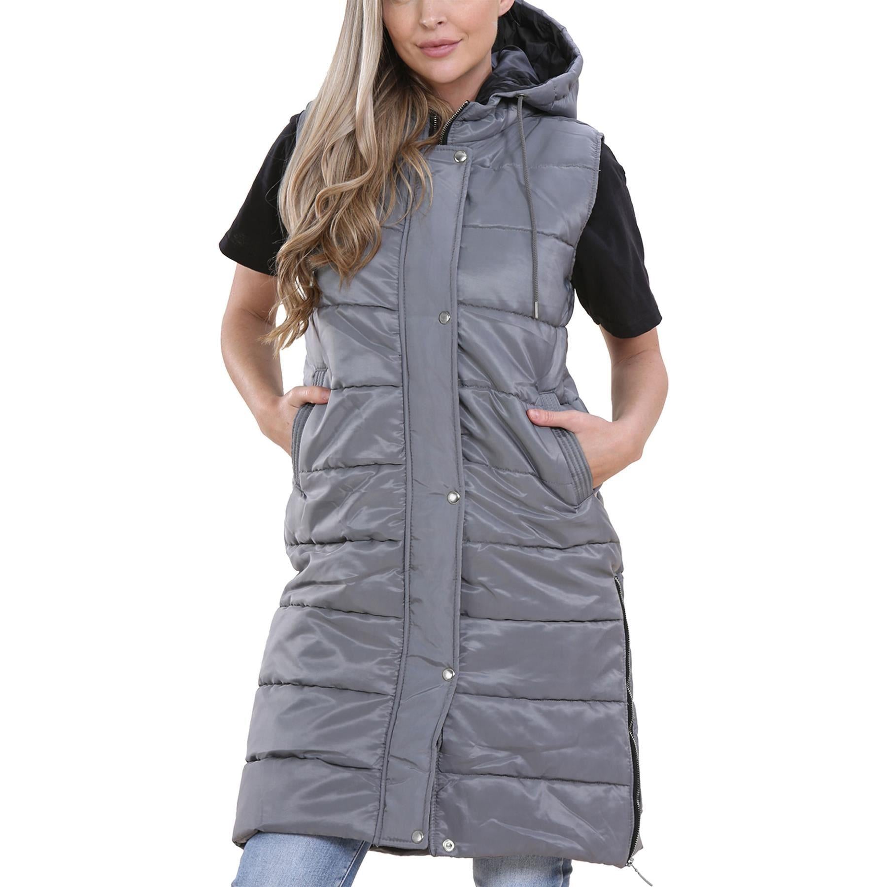 Ladies Oversized Zipped Gilet Long Line Style Steel Grey Jacket Sleeveless Long Coat