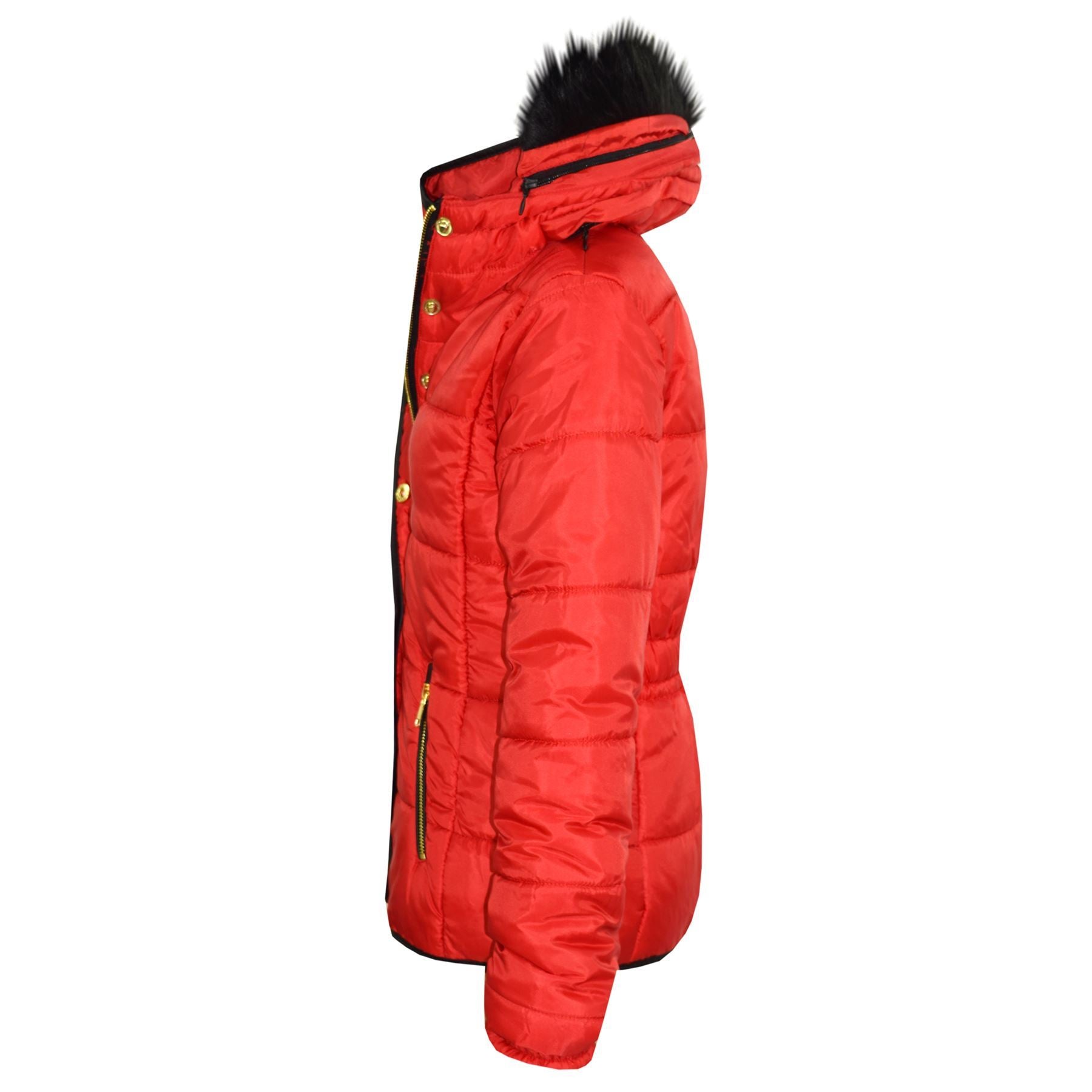 Kids Girls Puffer Quilted Coat Red Hooded Faux Fur Jacket
