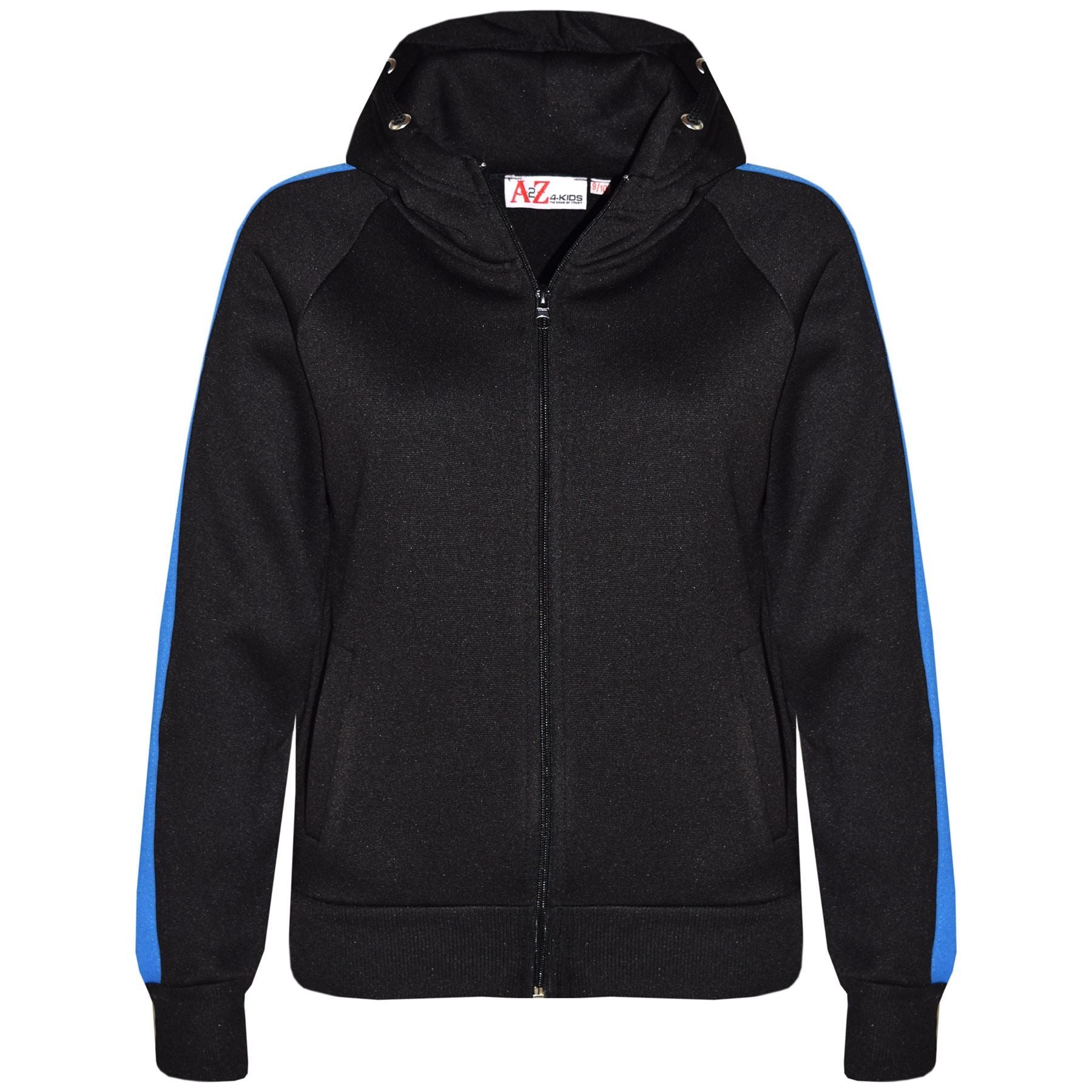 Unisex Black & Blue Jogging Plain Fleece Hooded Tracksuit