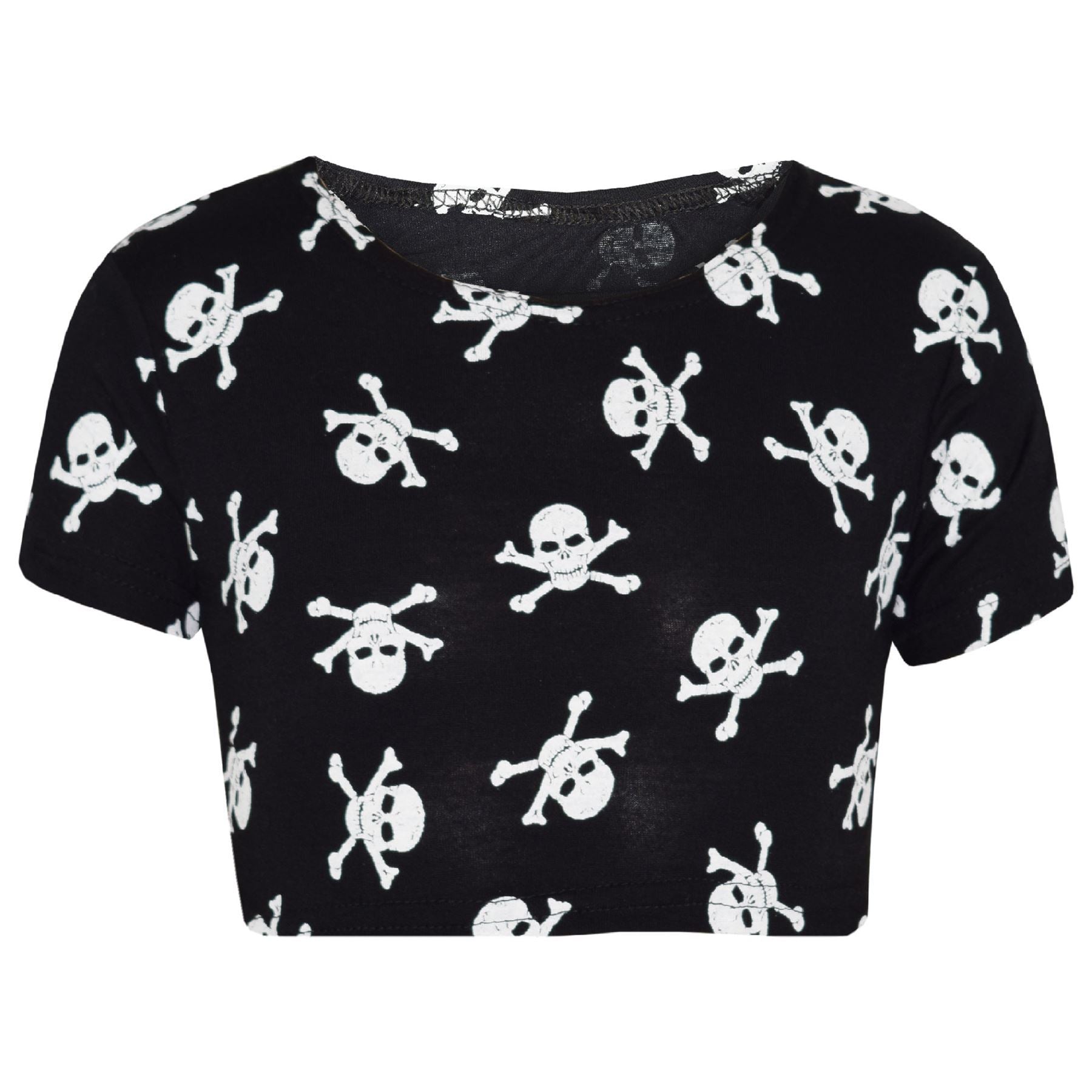 Girls Skull Print Crop Top Legging Skater Dress Halloween Costume