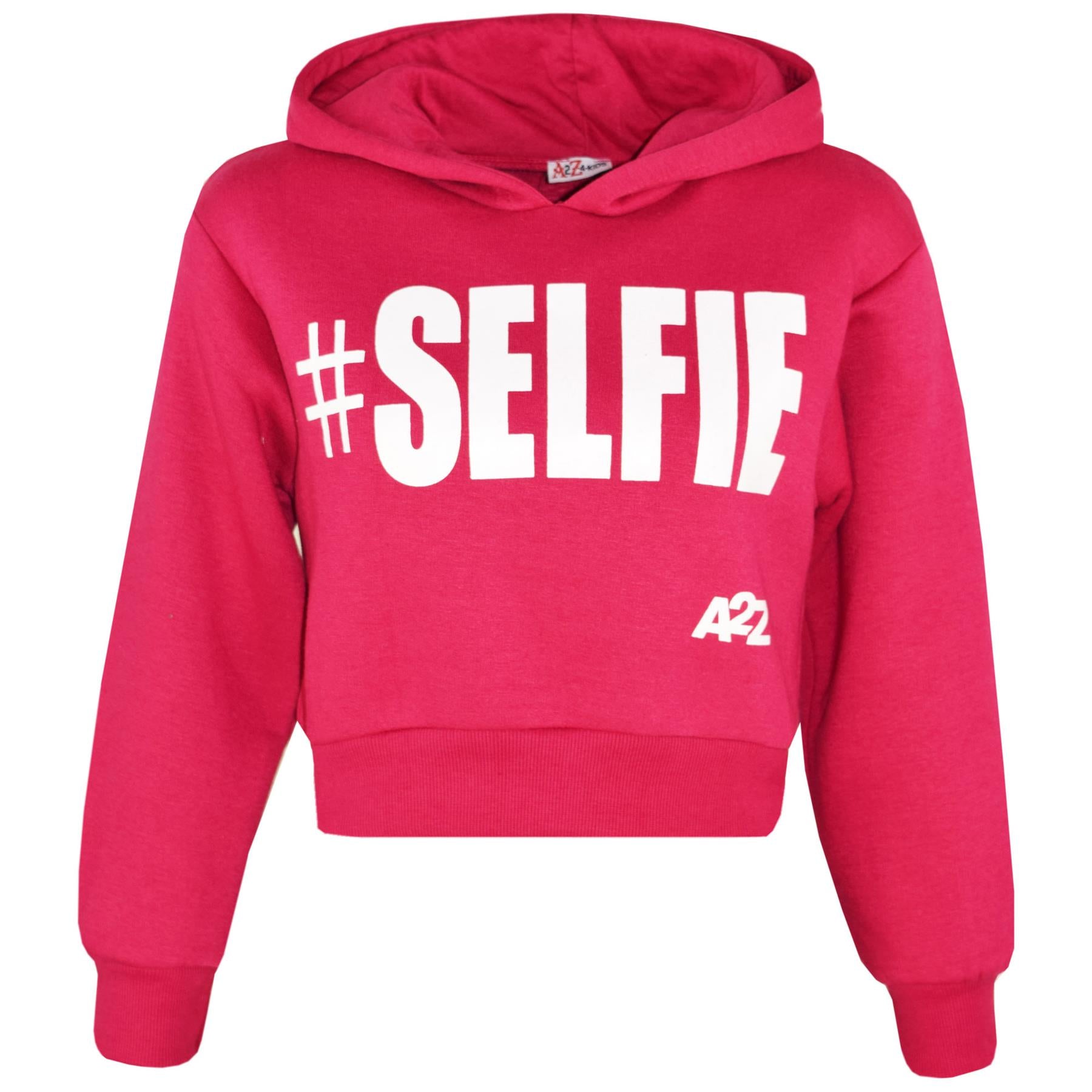 Kids Girls #Selfie Printed Hooded Crop Top & Bottom Jogging Suit