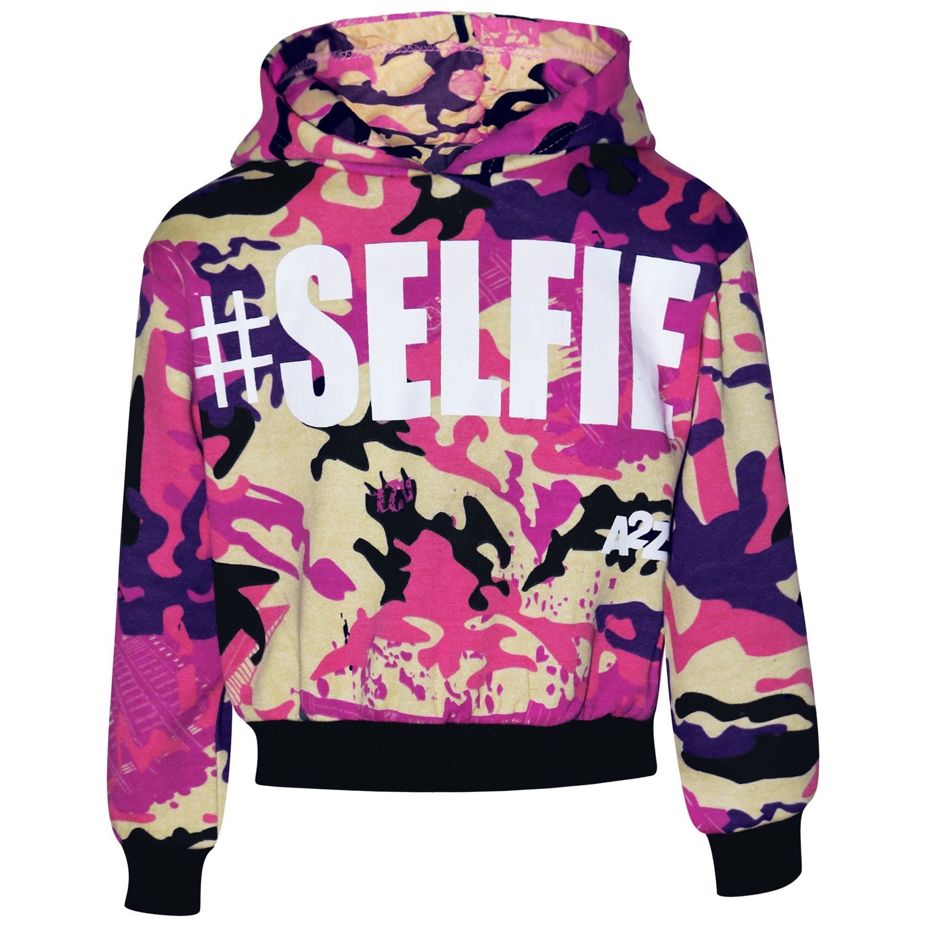 Kids Girls #Selfie Printed Hooded Crop Top & Bottom Jogging Suit