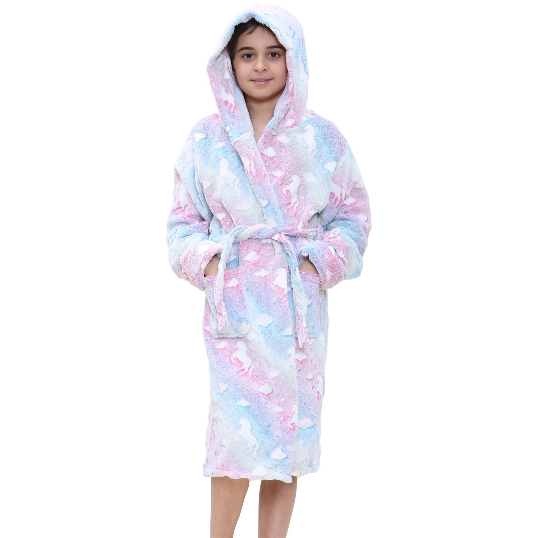 Kids Girls Unicorns Print Soft Glow In The Dark Rainbow Hooded Robe