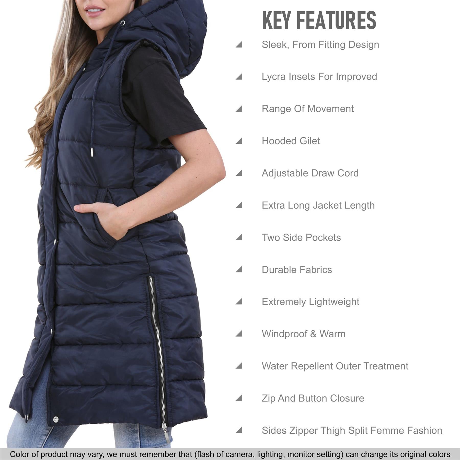 Ladies Oversized Zipped Gilet Long Line Style Navy Jacket Sleeveless Long Coat