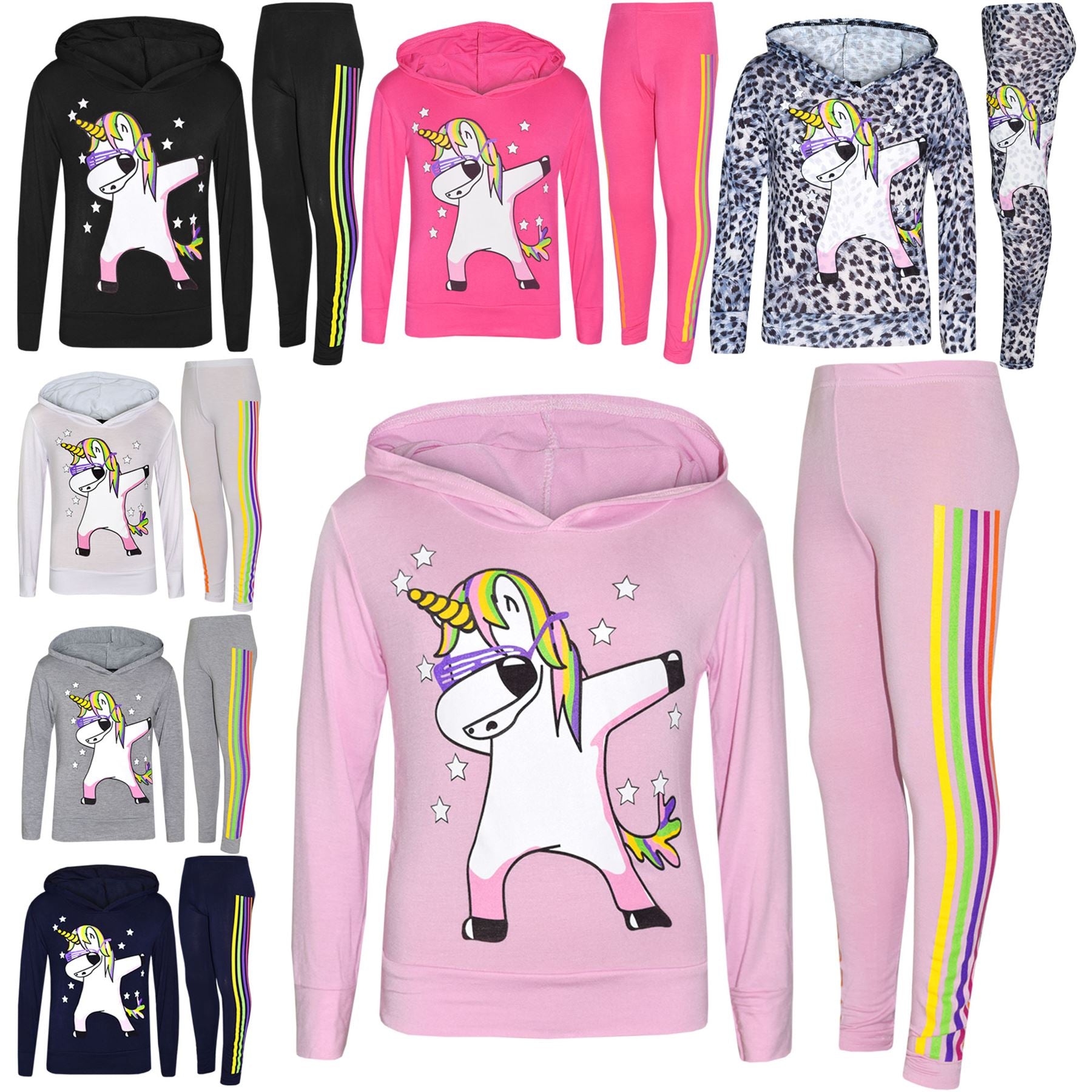 Kids Girls Rainbow Unicorn Dab Floss Hooded Top & Legging Set