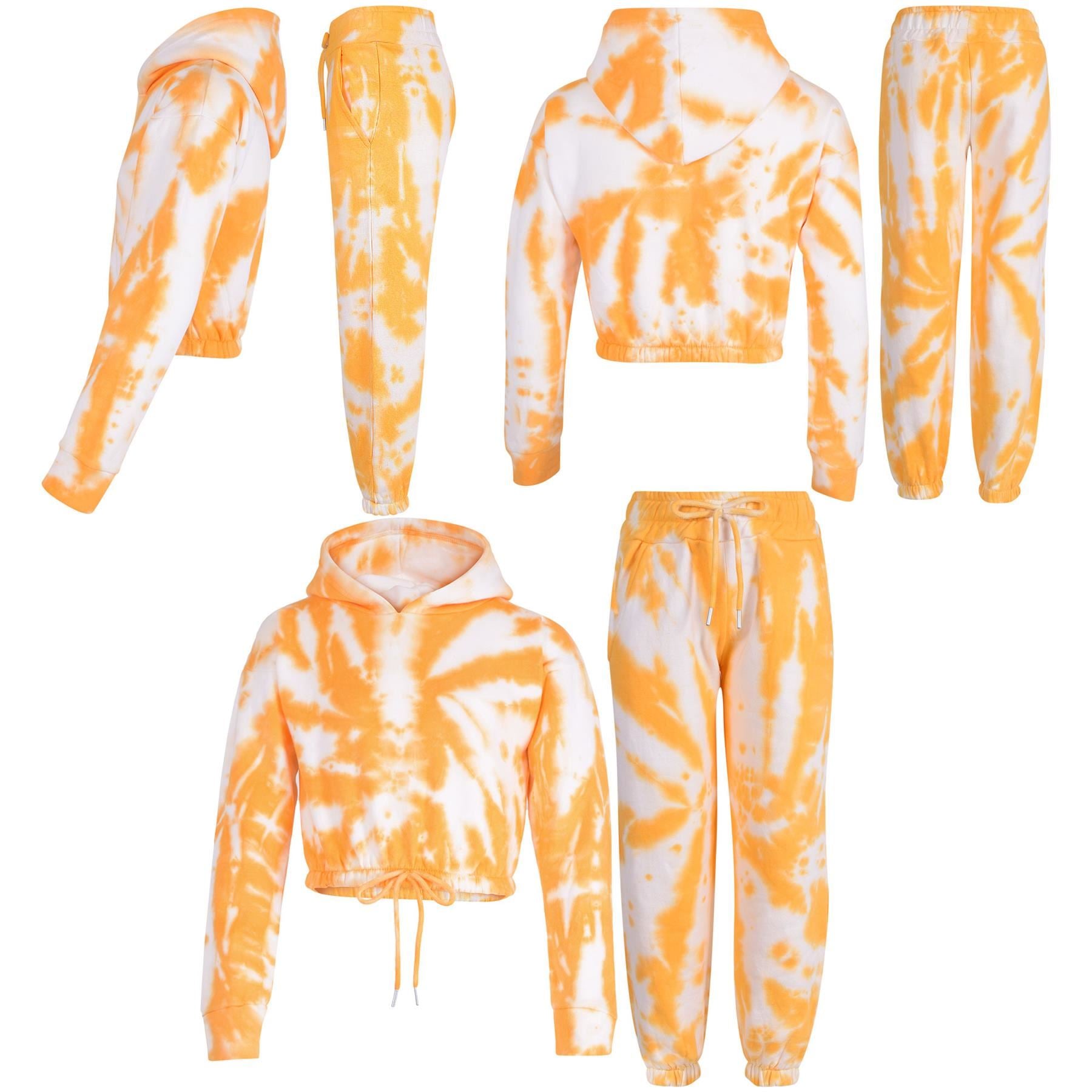 Kids Girls Tie Dye Mustard Tracksuit Gym Cropped Hoodie Sweatpants