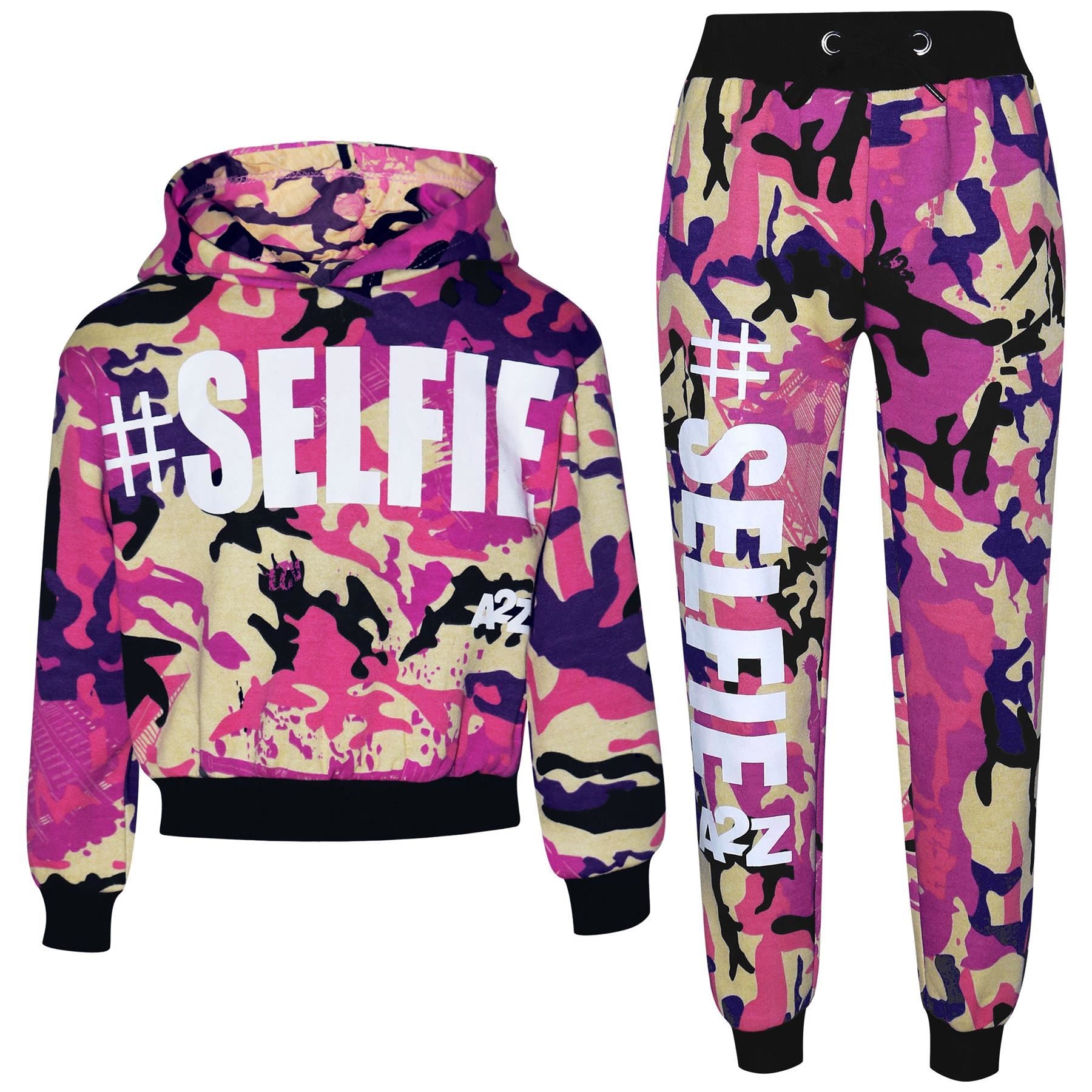 Kids Girls #Selfie Printed Hooded Crop Top & Bottom Jogging Suit