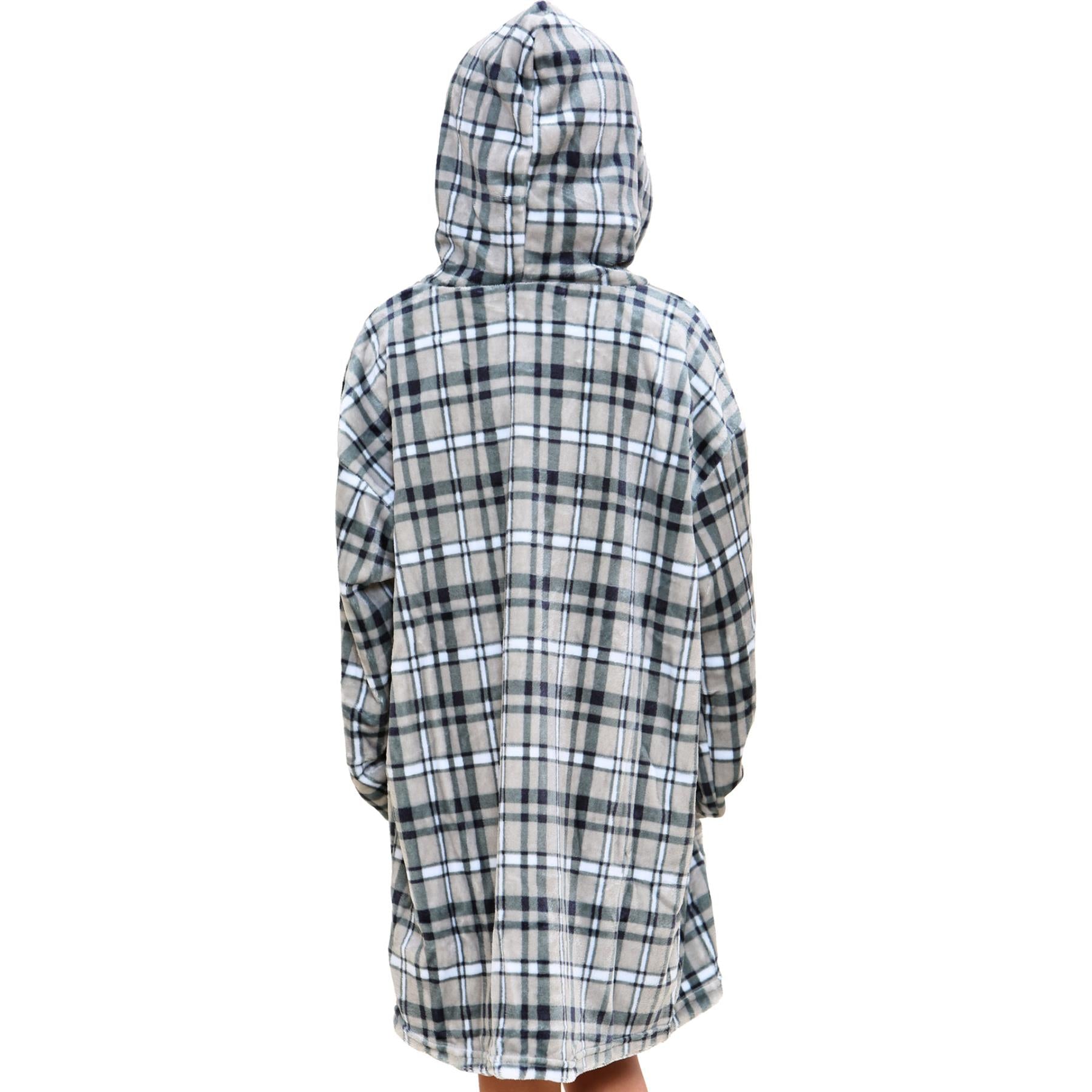 Kids Unisex Oversized Hoodie Snuggle Grey Tartan Printed Fleece Blanket