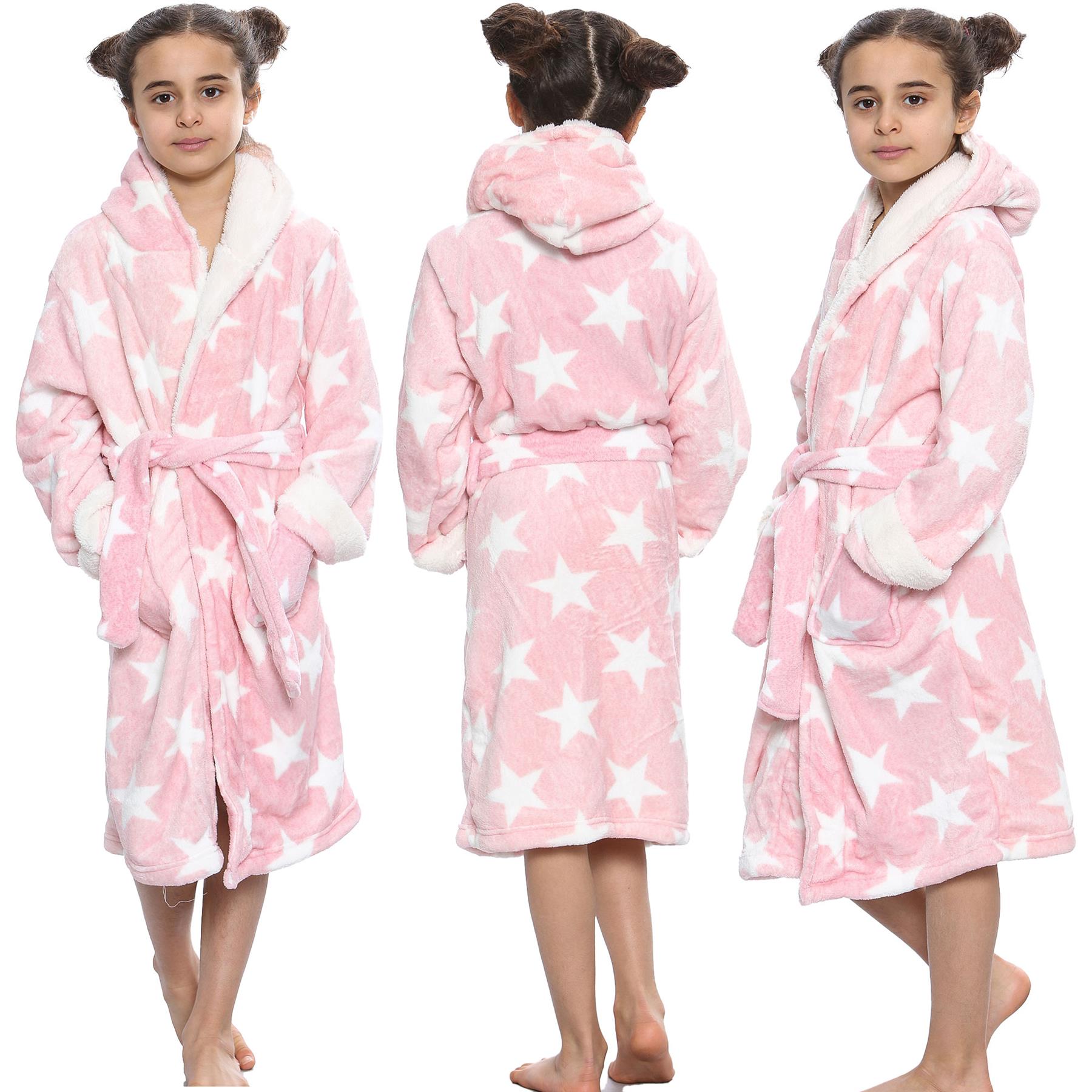 Kids Girls Stars Print Pink Hooded Bathrobe