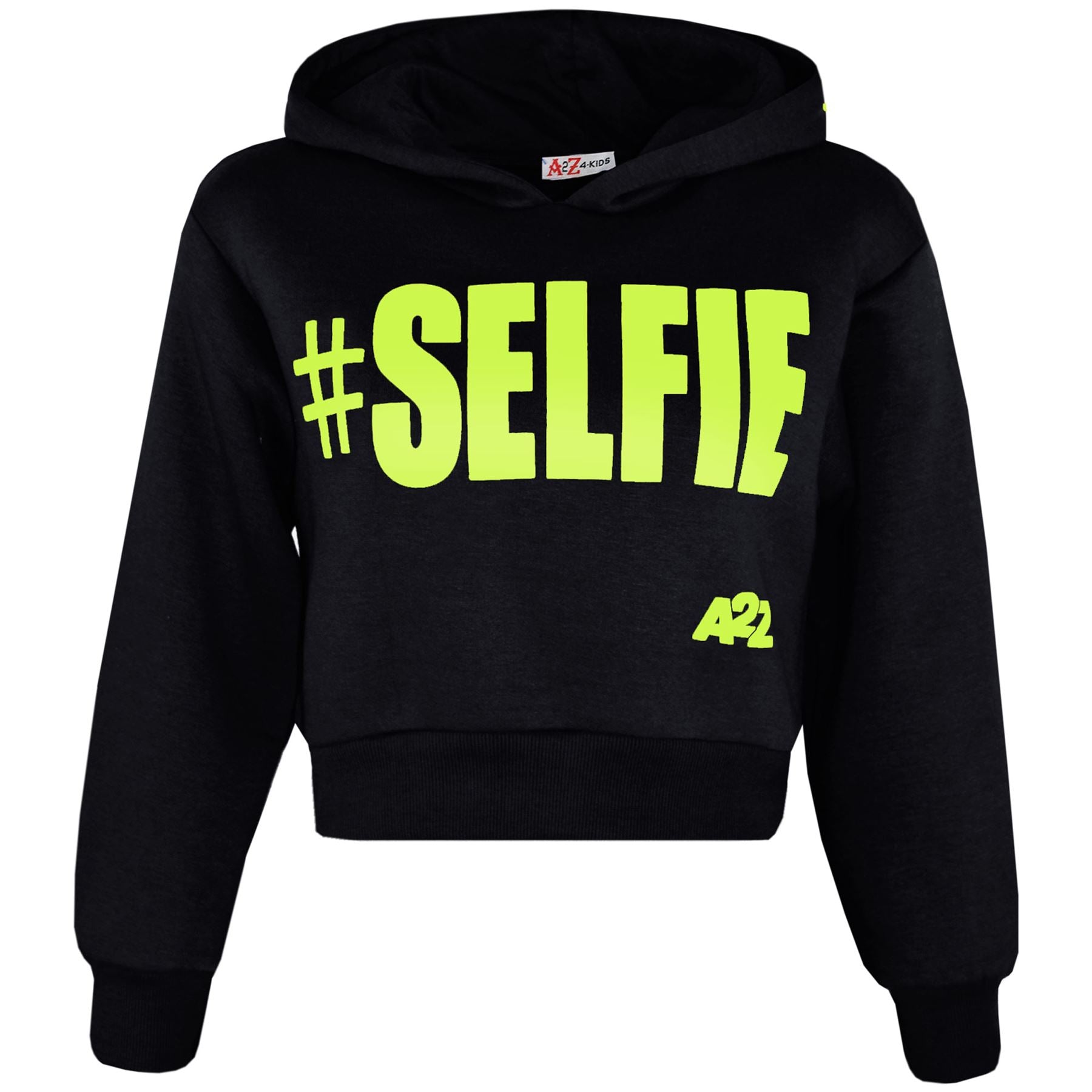 Kids Girls #Selfie Printed Hooded Crop Top & Bottom Jogging Suit