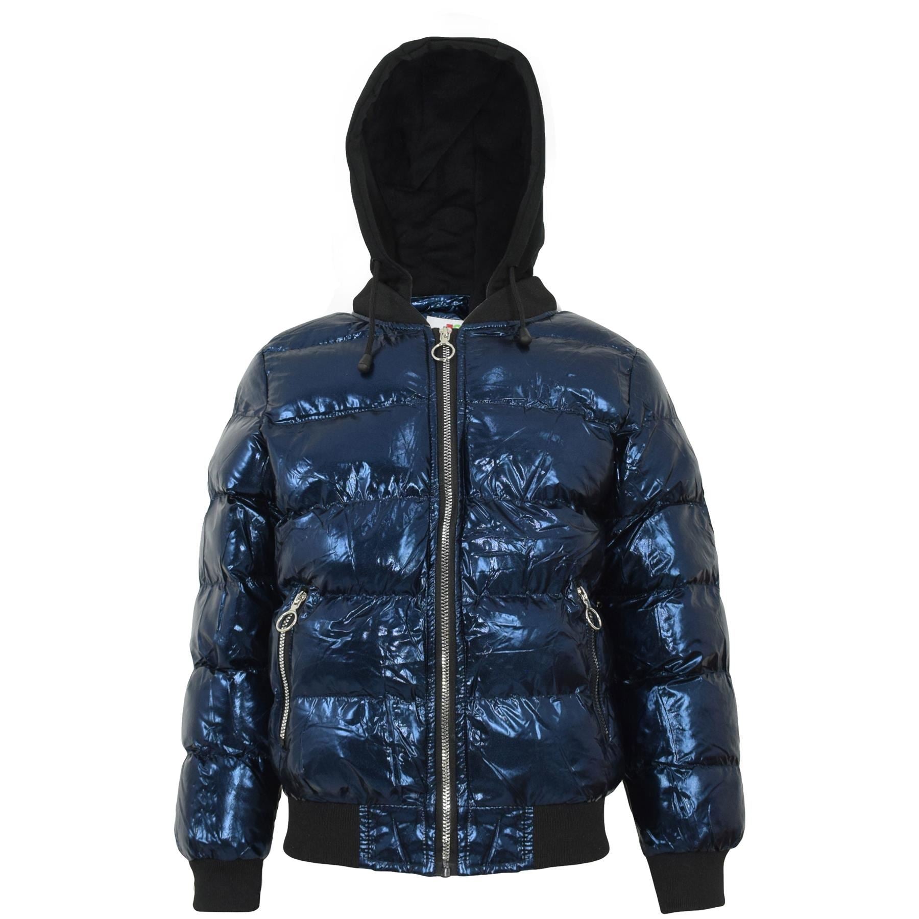 Kids Girls Boys Fashion Shiny Padded Blue Jacket Metallic Wet