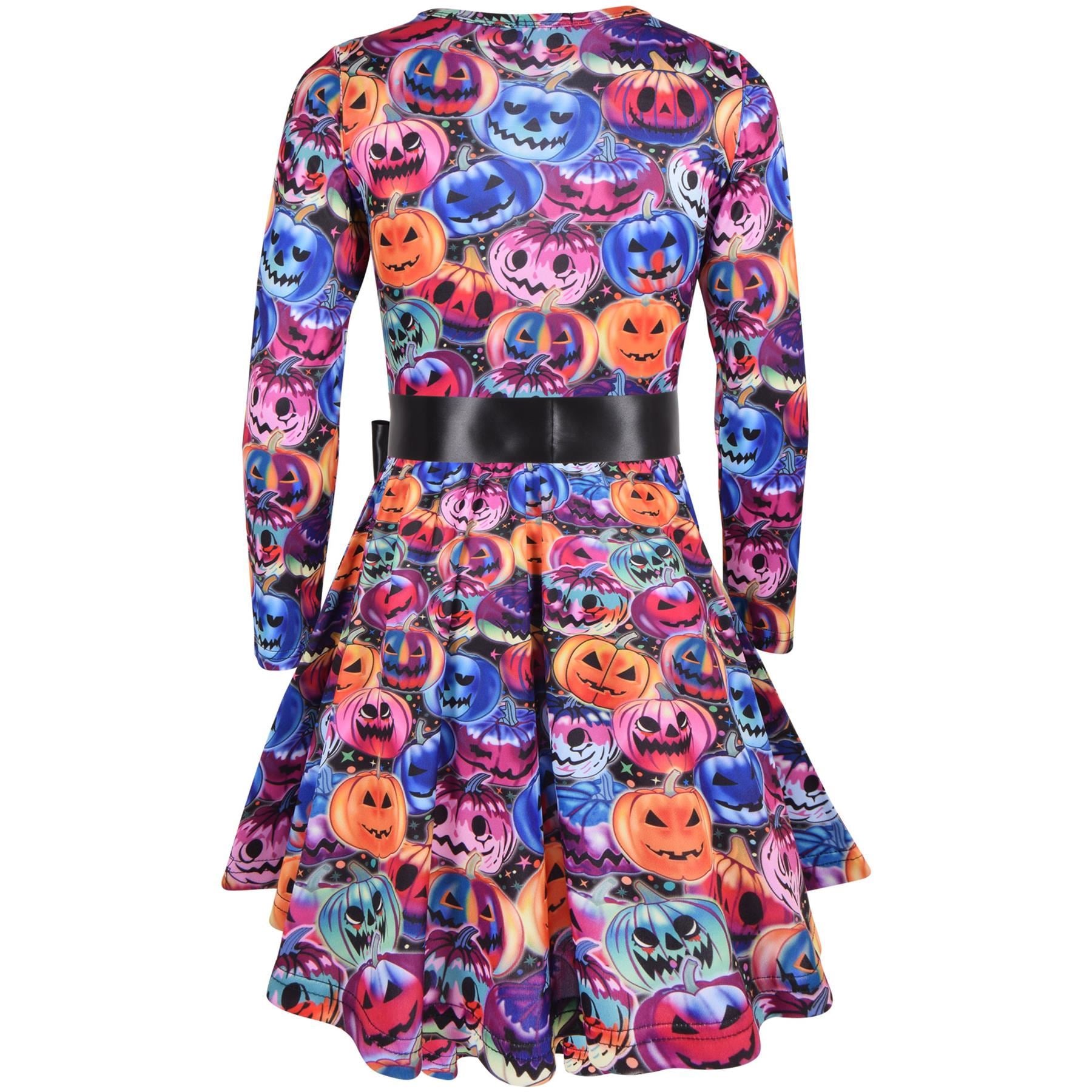 Girls Long Sleeves Multi Color Pumpkins Print Halloween Skater Dress