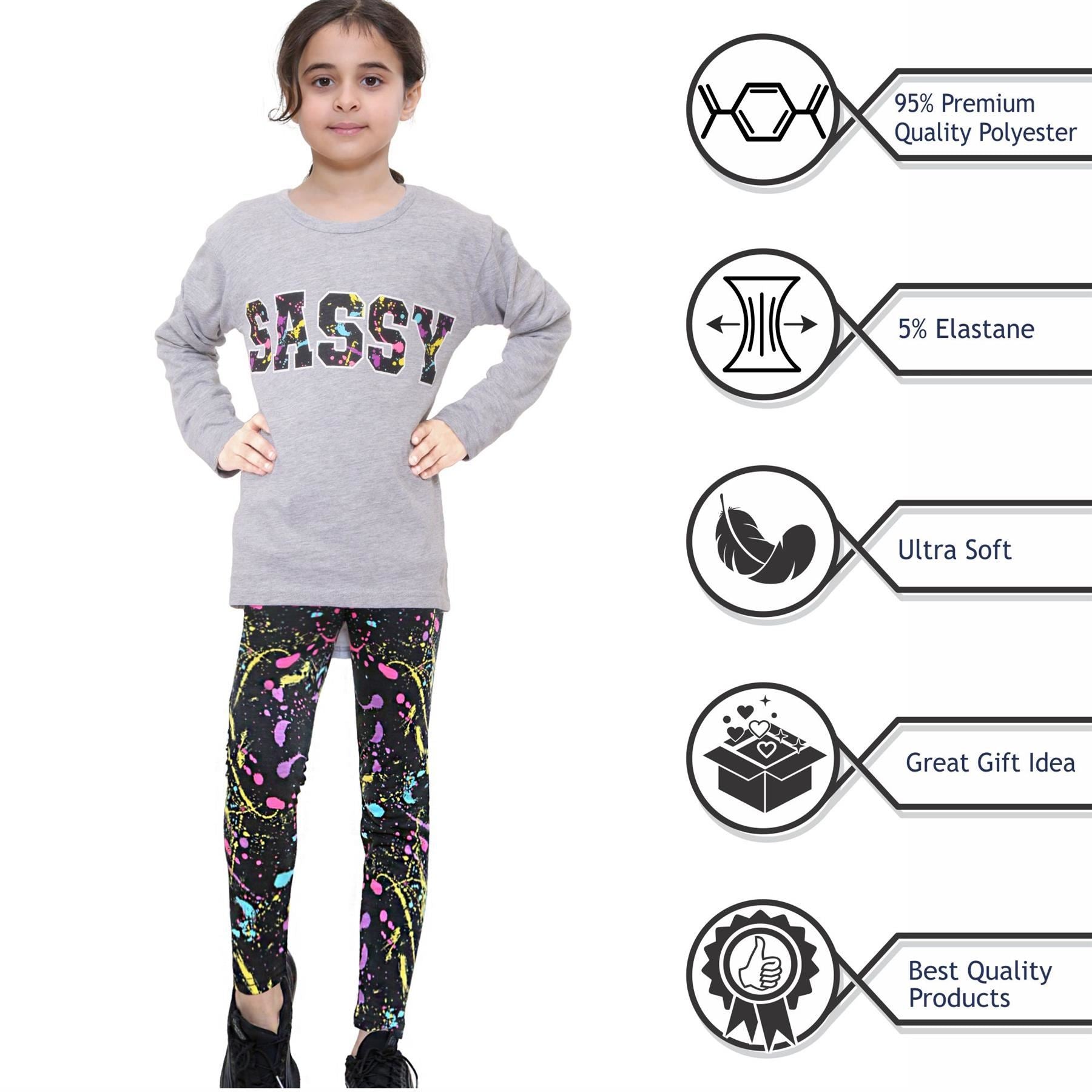 Girls Sassy Print Grey Long Sleeves T Shirt Top & Legging Set