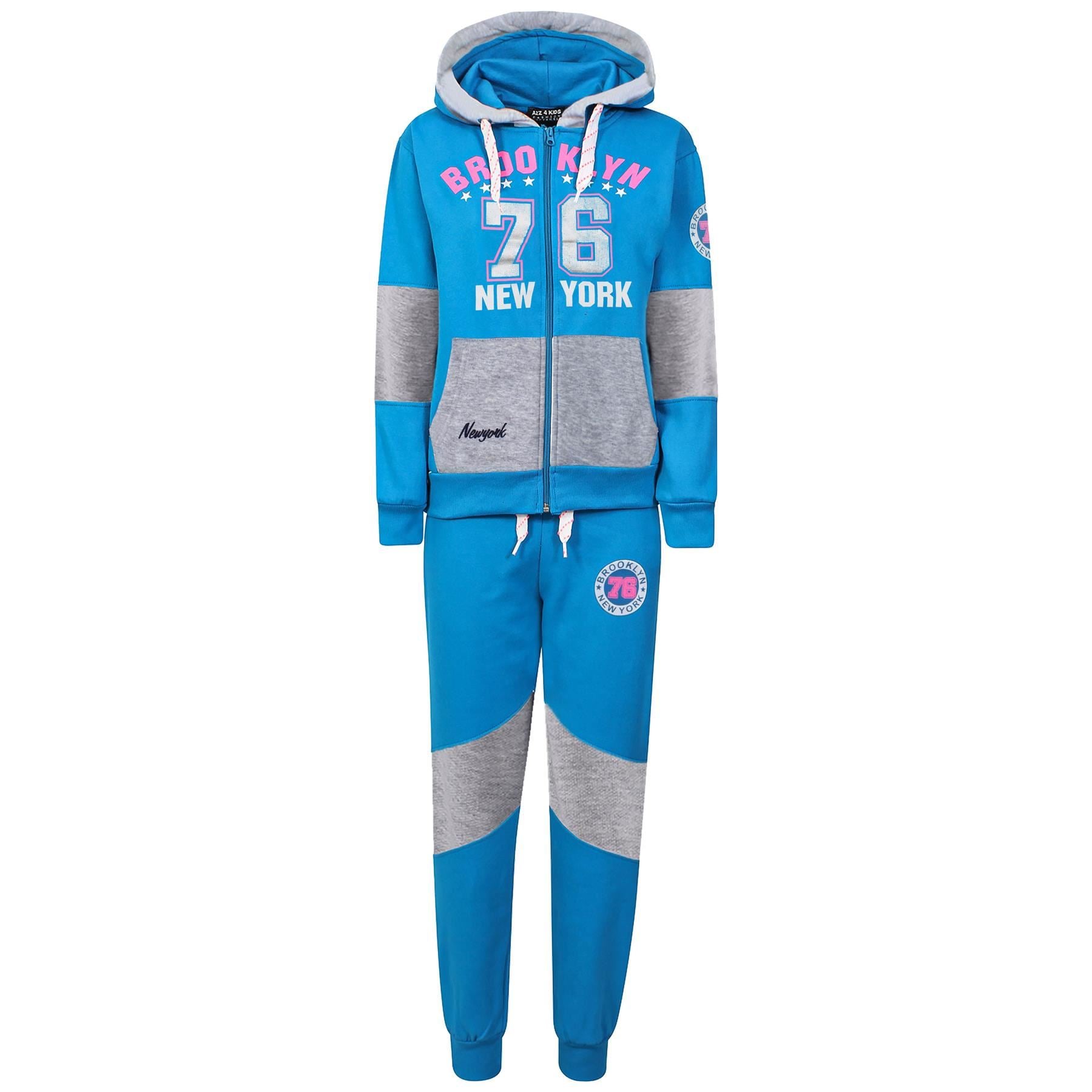 Girls Brooklyn 76 New York Print Turquoise Hoodie Tracksuit