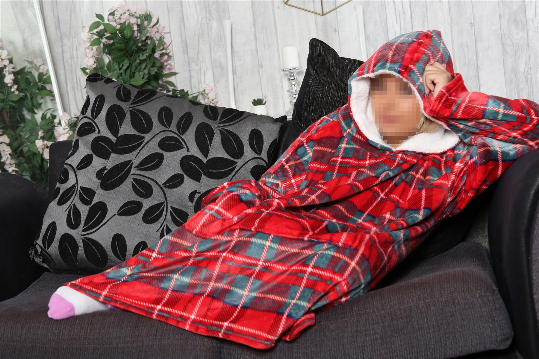 Unisex Men's Ladies Oversized Hoodie Blue Tartan Snuggle Super Soft Warm Blanket