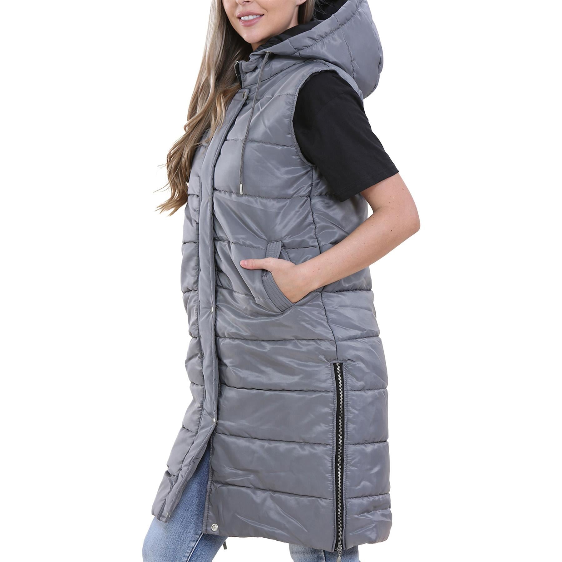 Ladies Oversized Zipped Gilet Long Line Style Steel Grey Jacket Sleeveless Long Coat