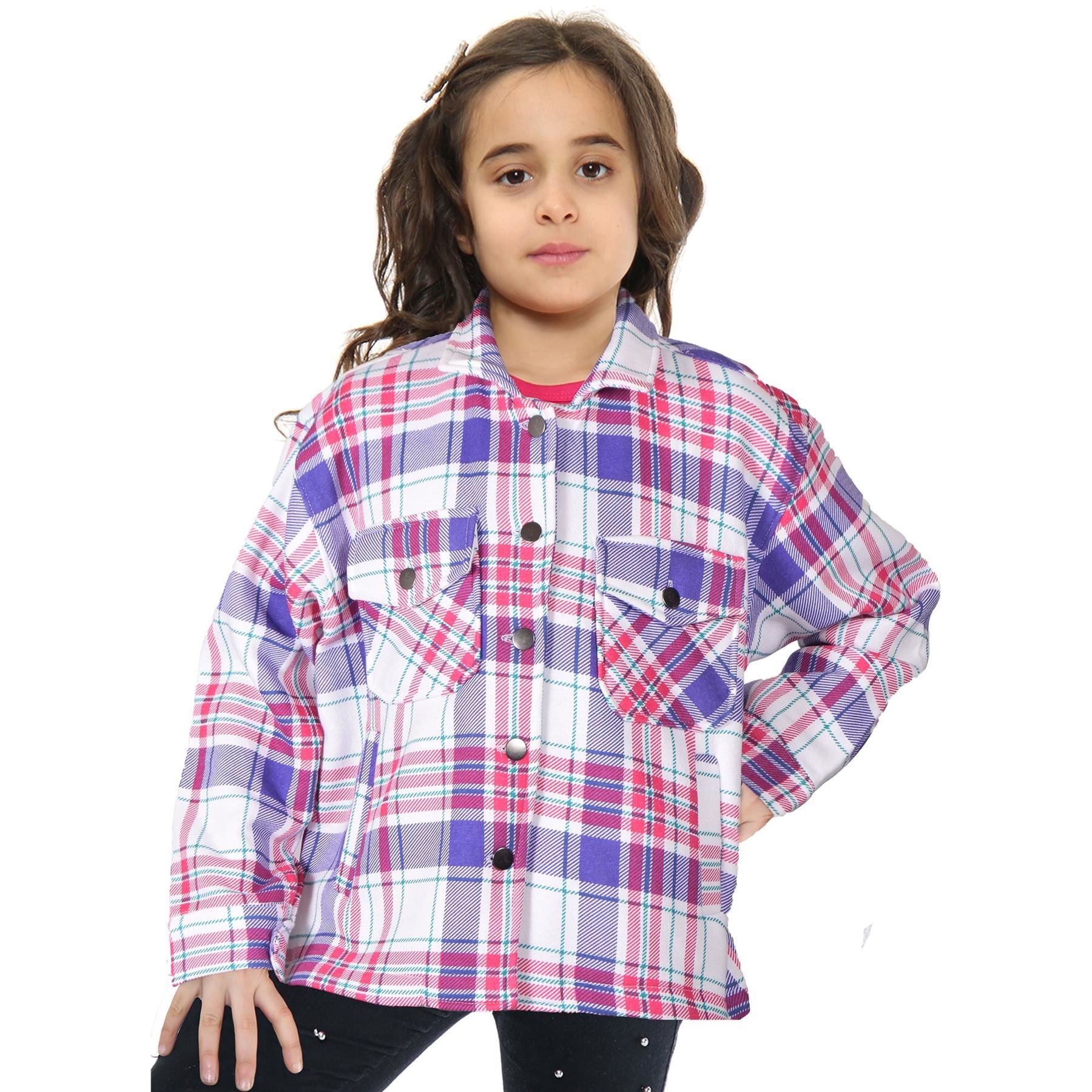 Kids Girls Checks Print Longline Fleece Collared Jacket