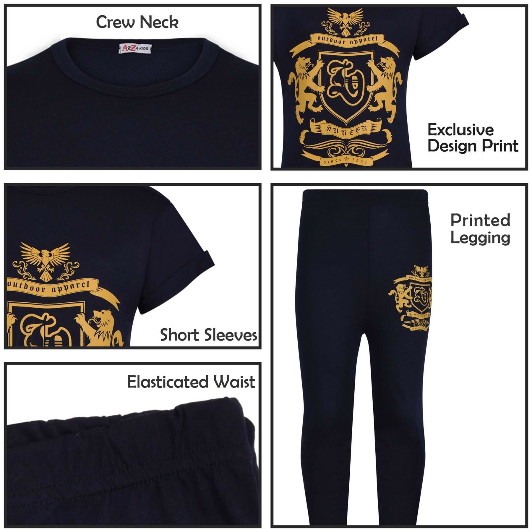 Kids Girls Varsity Lion Print Navy T Shirt Top & Legging Set