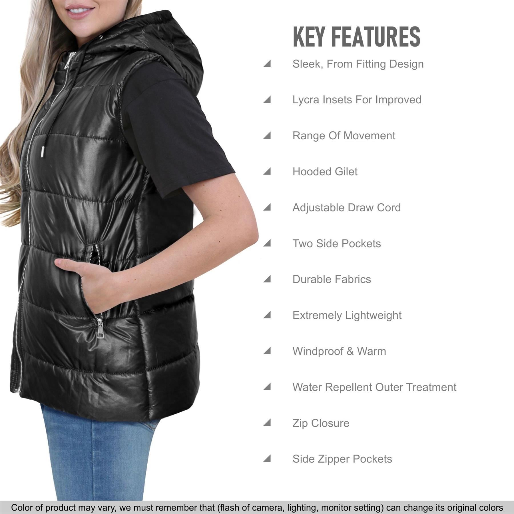 Ladies Oversized Silver Zipped Pockets Gilet Black Jacket Sleeveless Coat