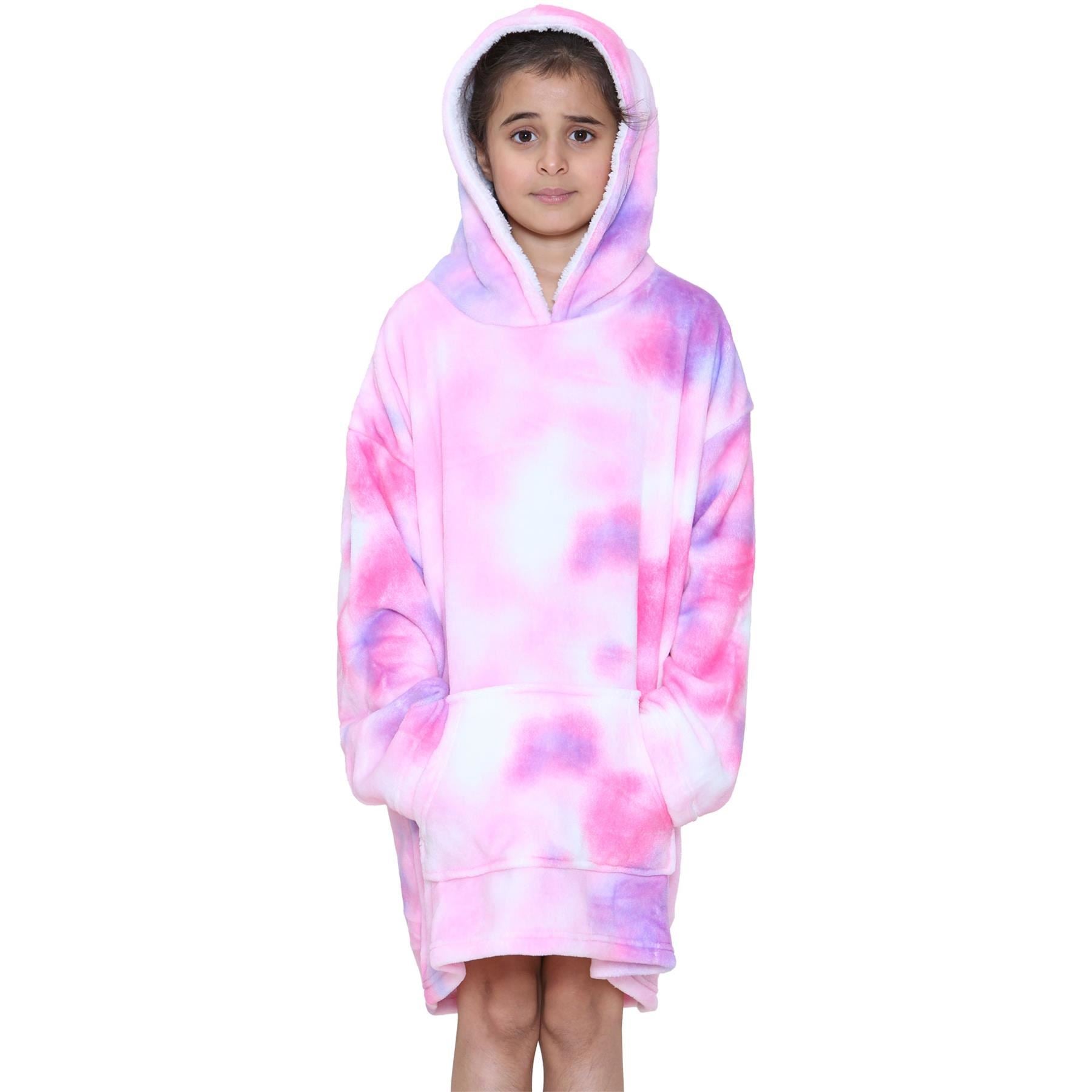 Kids Unisex Oversized Hoodie Snuggle Tie Dye Pink Printed Fleece Blanket