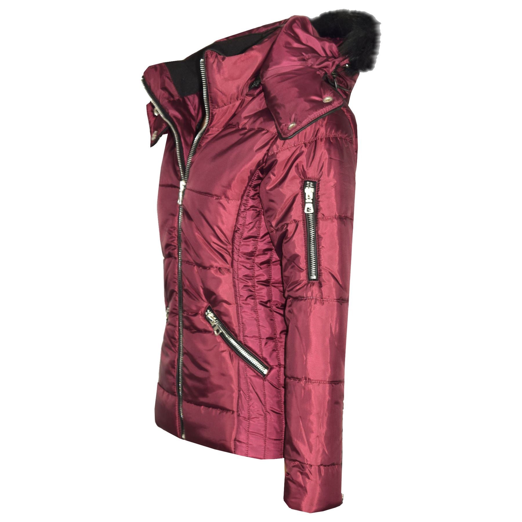 Girls Quilted Puffer Wine Faux Fur Jacket