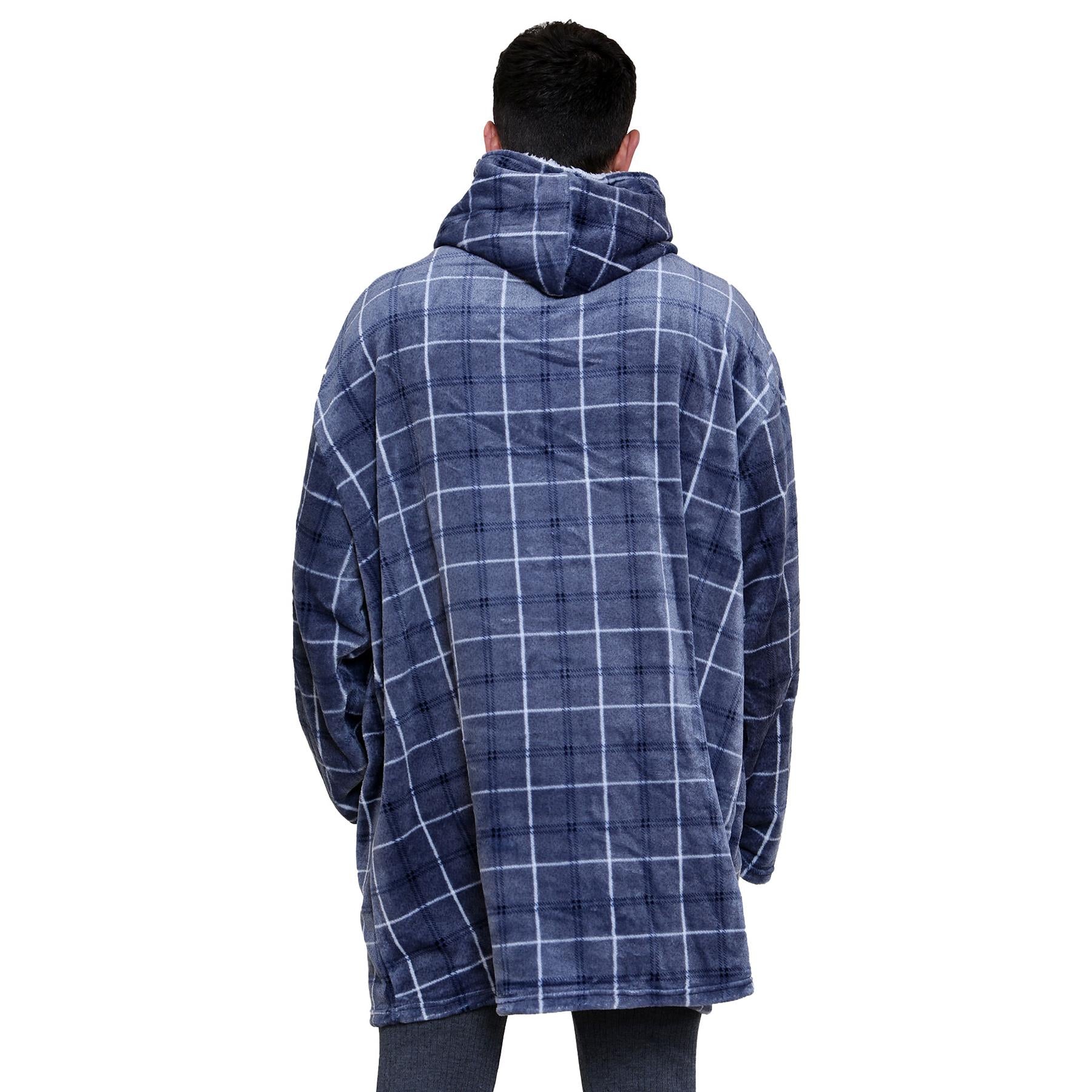 Unisex Men's Ladies Oversized Hoodie Blue Tartan Snuggle Super Soft Warm Blanket