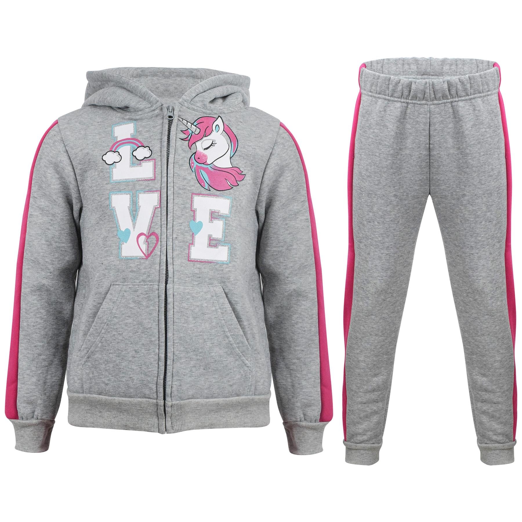 Kids Girls Love Tracksuit Fleece Zipper Hoodie Trouser 2 Piece Suit