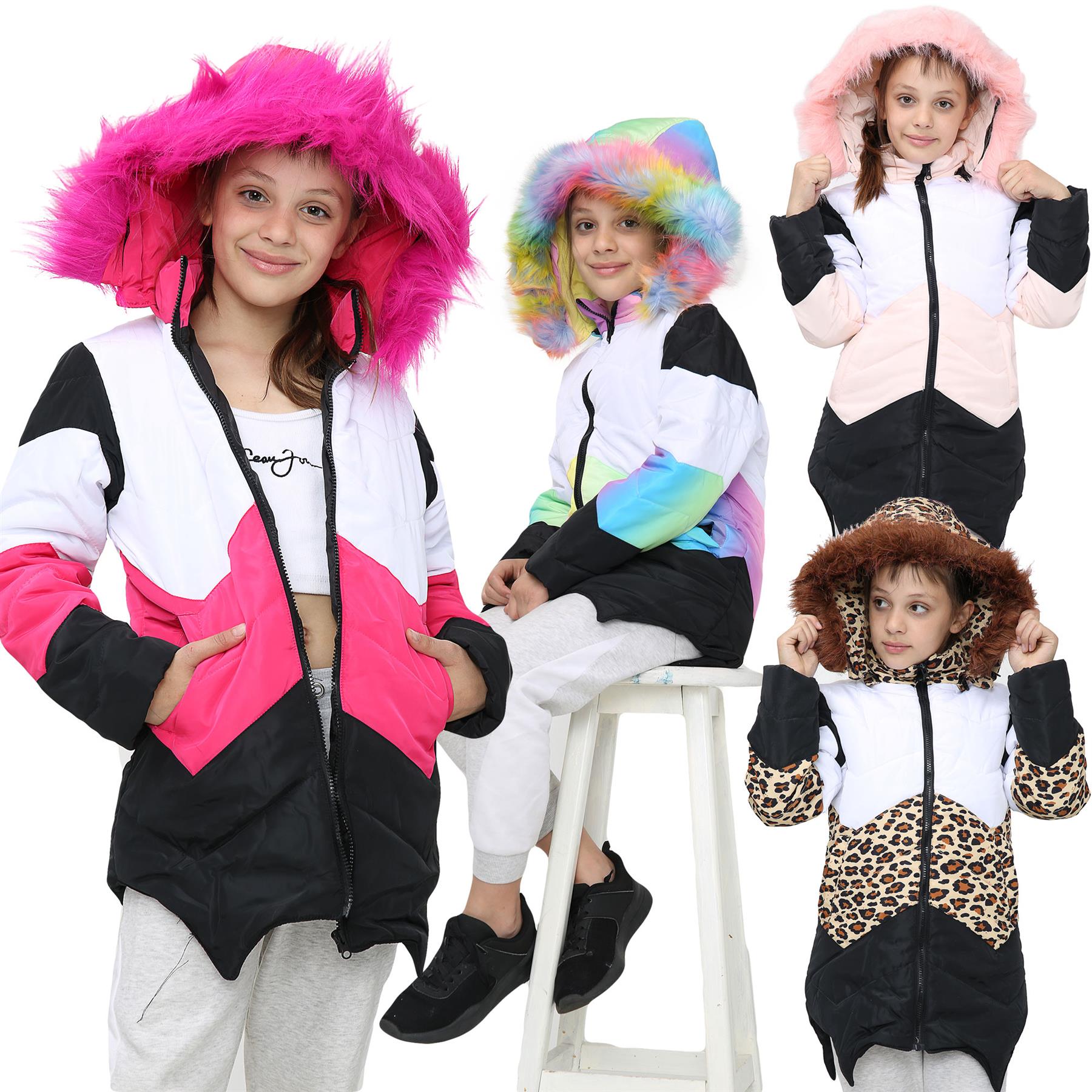 Kids Girls Hooded Contrast Panel Puffer Coat Faux Fur New Fashion - Kids Clothing Store