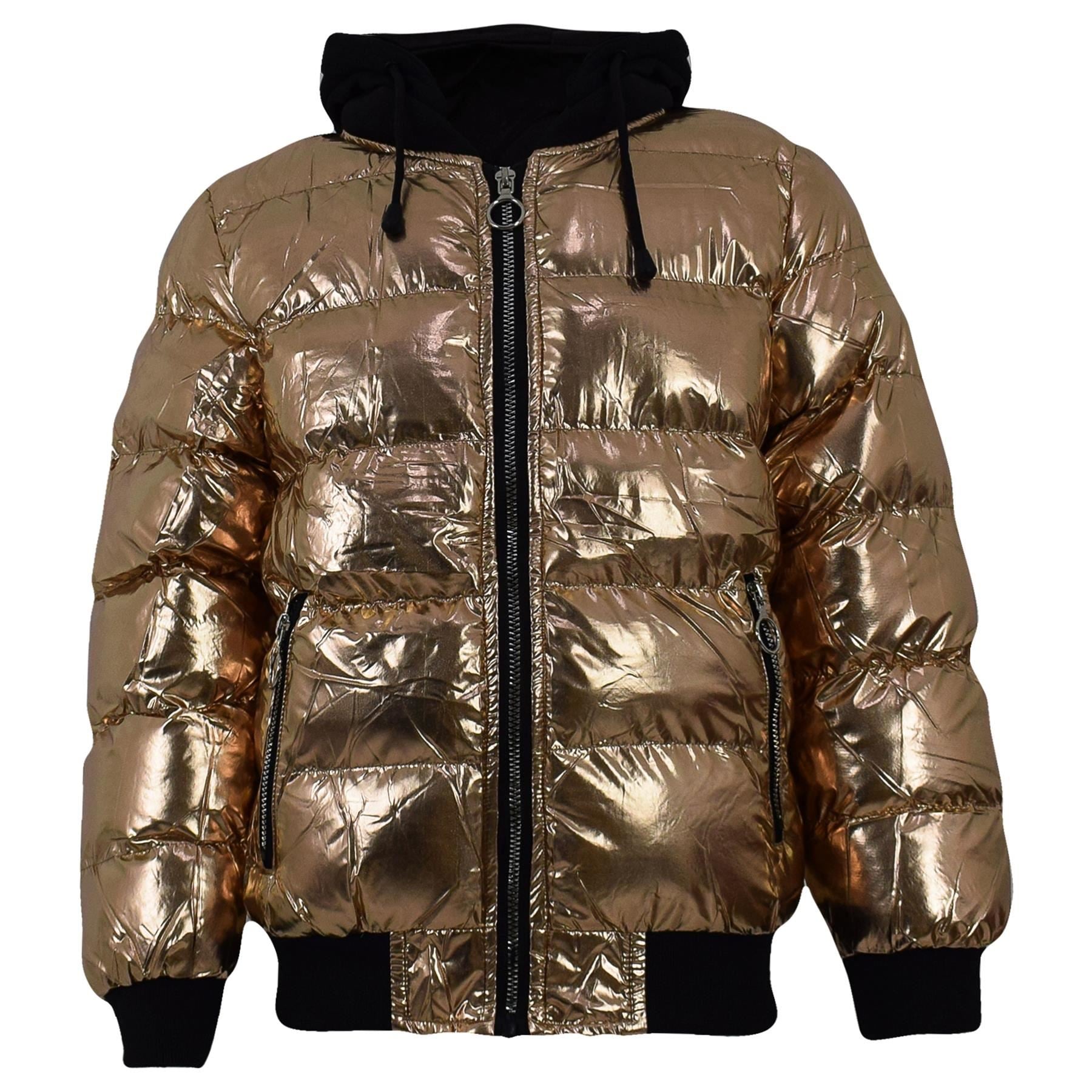 Kids Girls Boys Fashion Shiny Padded Gold Jacket Metallic Wet