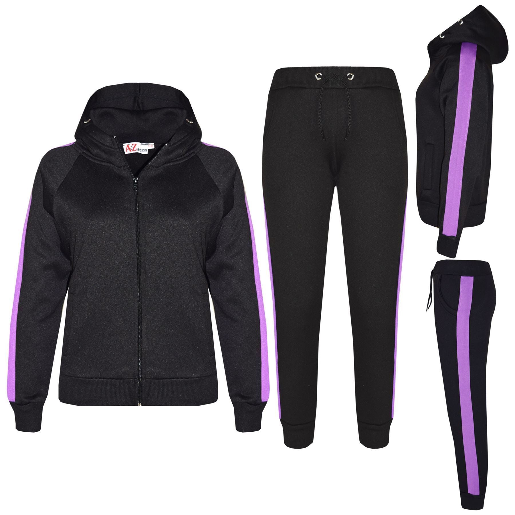 Girls Black & Lilac Jogging Plain Fleece Hooded Tracksuit