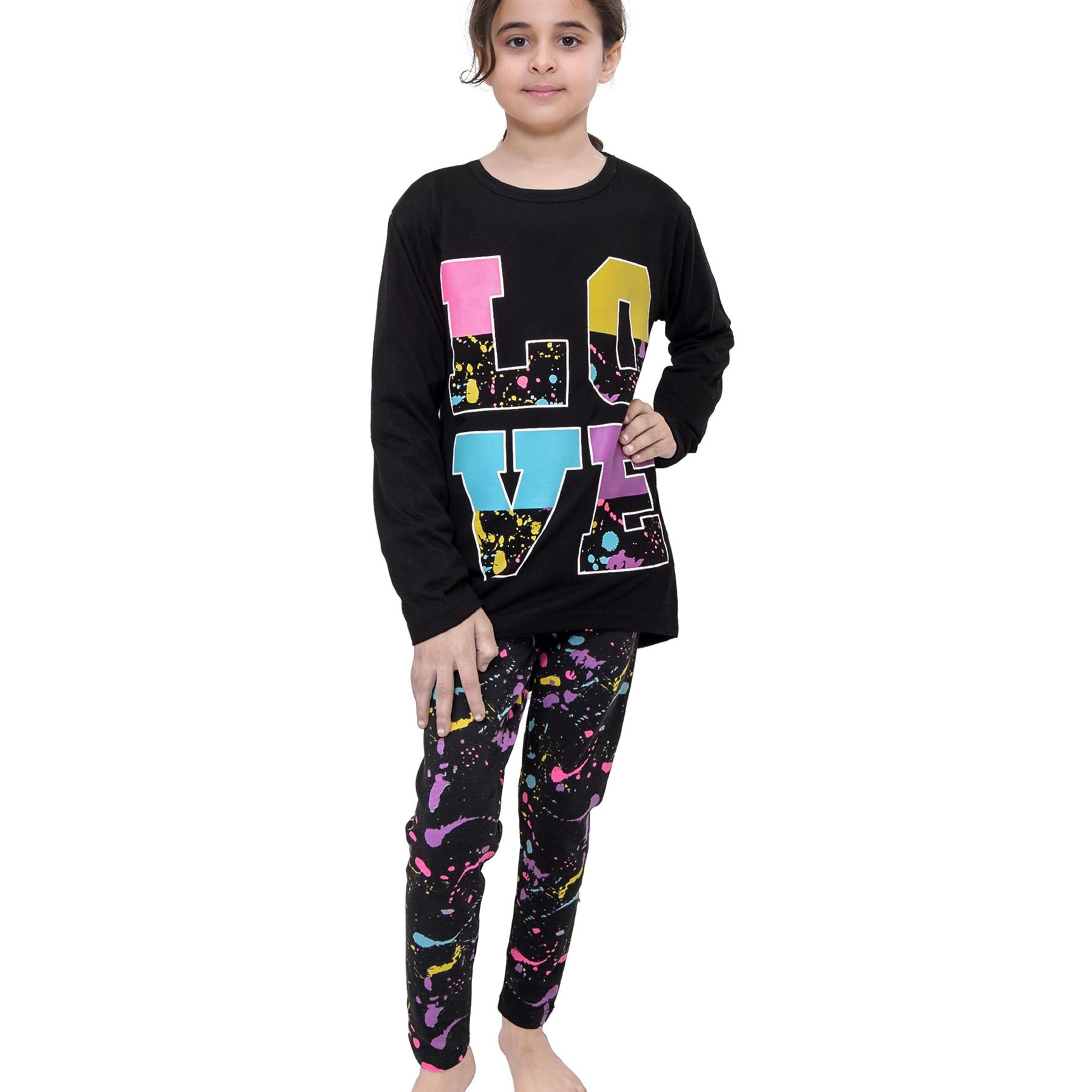 Girls Love Print Black Long Sleeves T Shirt Top & Legging Set