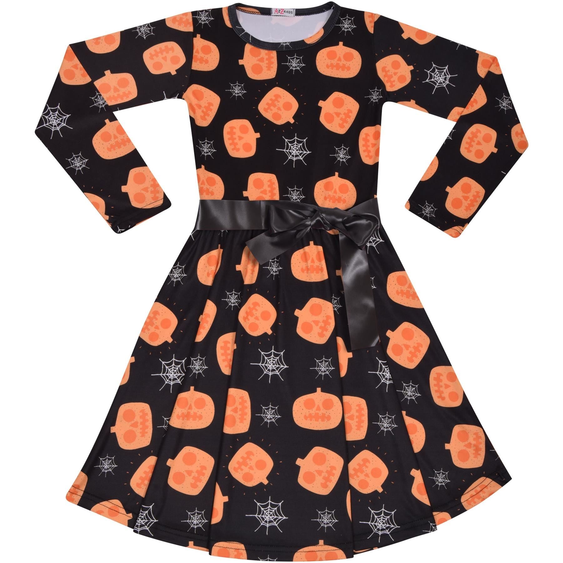Girls Long Sleeves Pumpkins & Spider Web Print Halloween Skater Dress