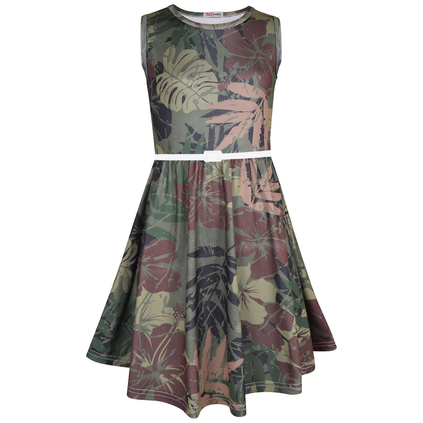 Kids Girls Sleeveless Camo Leaf Print Skater Dress