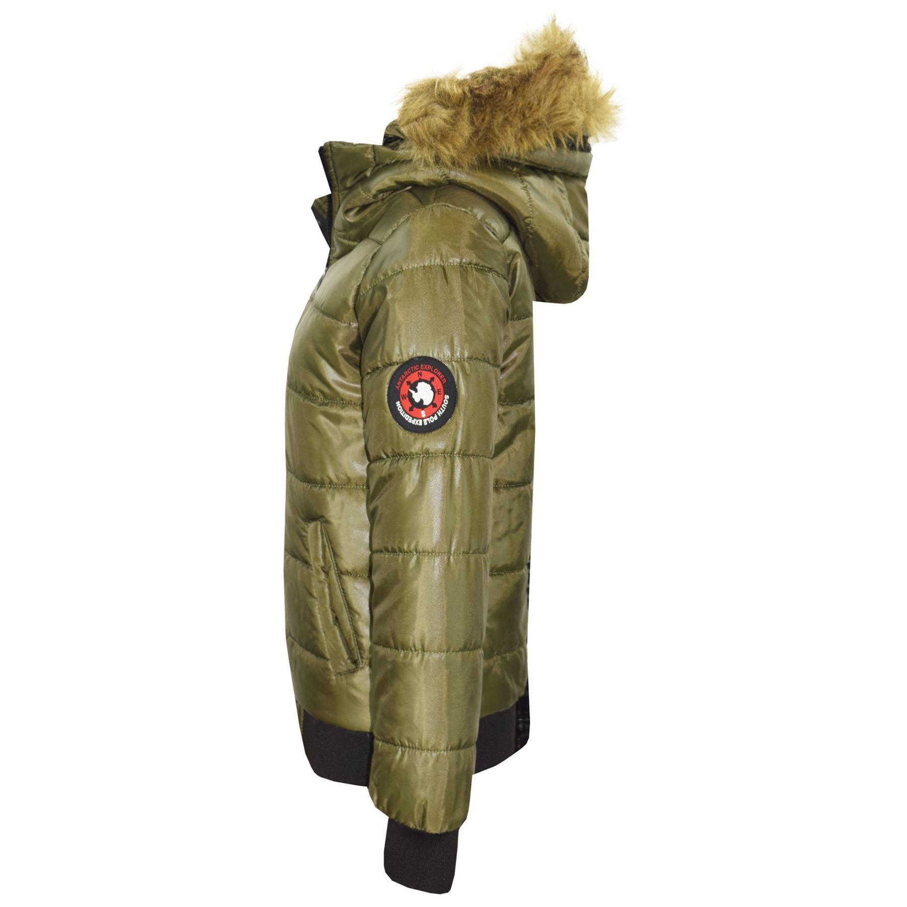 Kids Girls Boys Fux Fur Olive Hooded Puffer Jacket