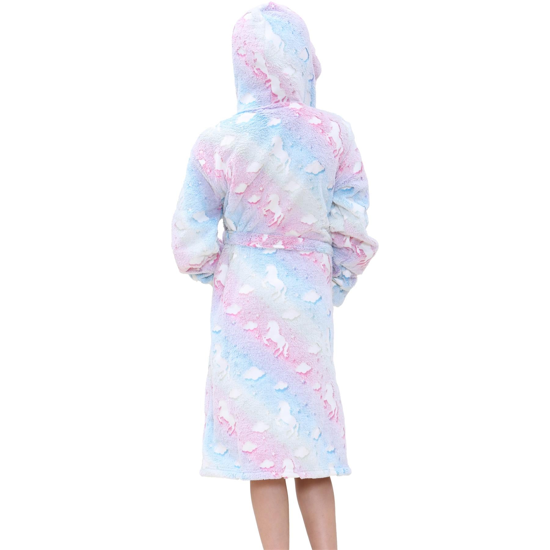 Kids Girls Unicorns Print Soft Glow In The Dark Rainbow Hooded Robe