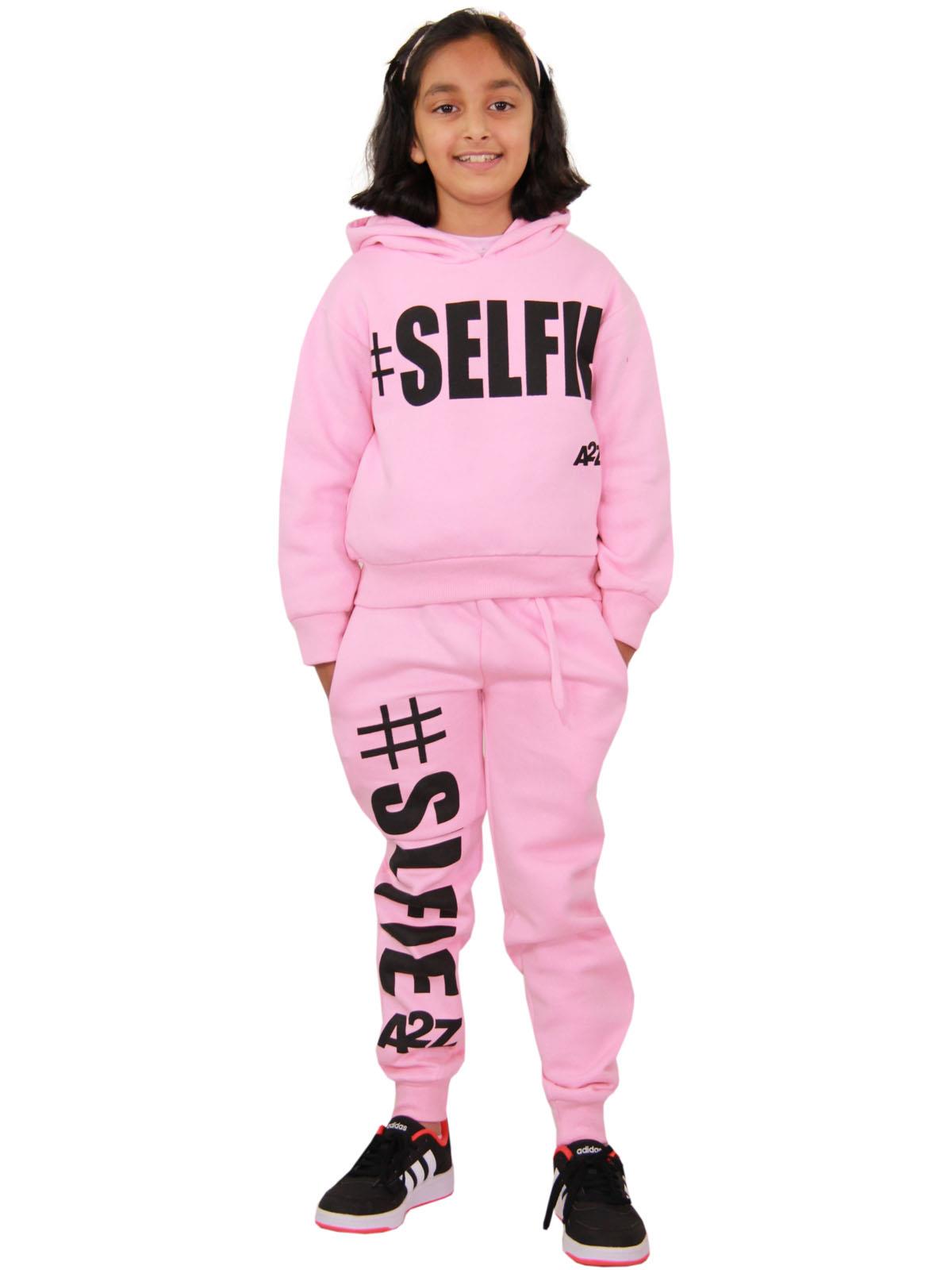 Kids Girls #Selfie Printed Hooded Crop Top & Bottom Jogging Suit