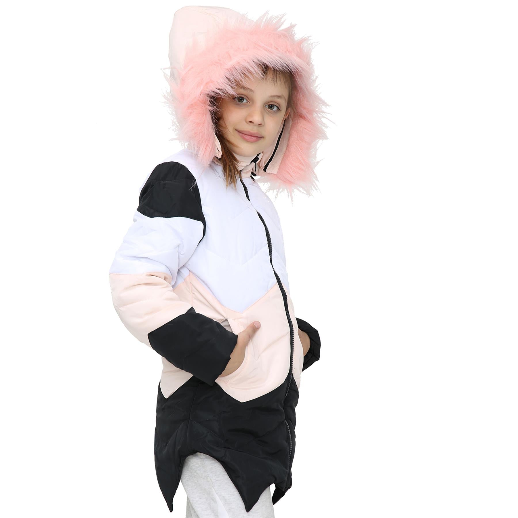 Kids Hooded Baby Pink Puffer Coat Faux Fur Jacket Contrast Panel - Kids Clothing Store