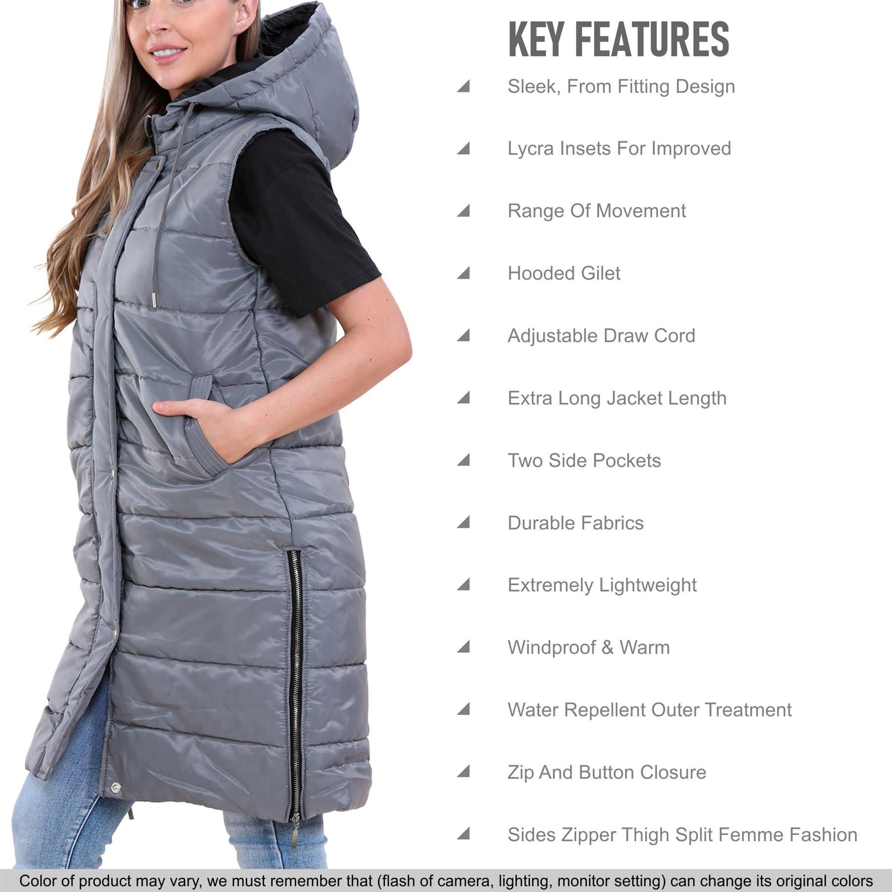 Ladies Oversized Zipped Gilet Long Line Style Steel Grey Jacket Sleeveless Long Coat