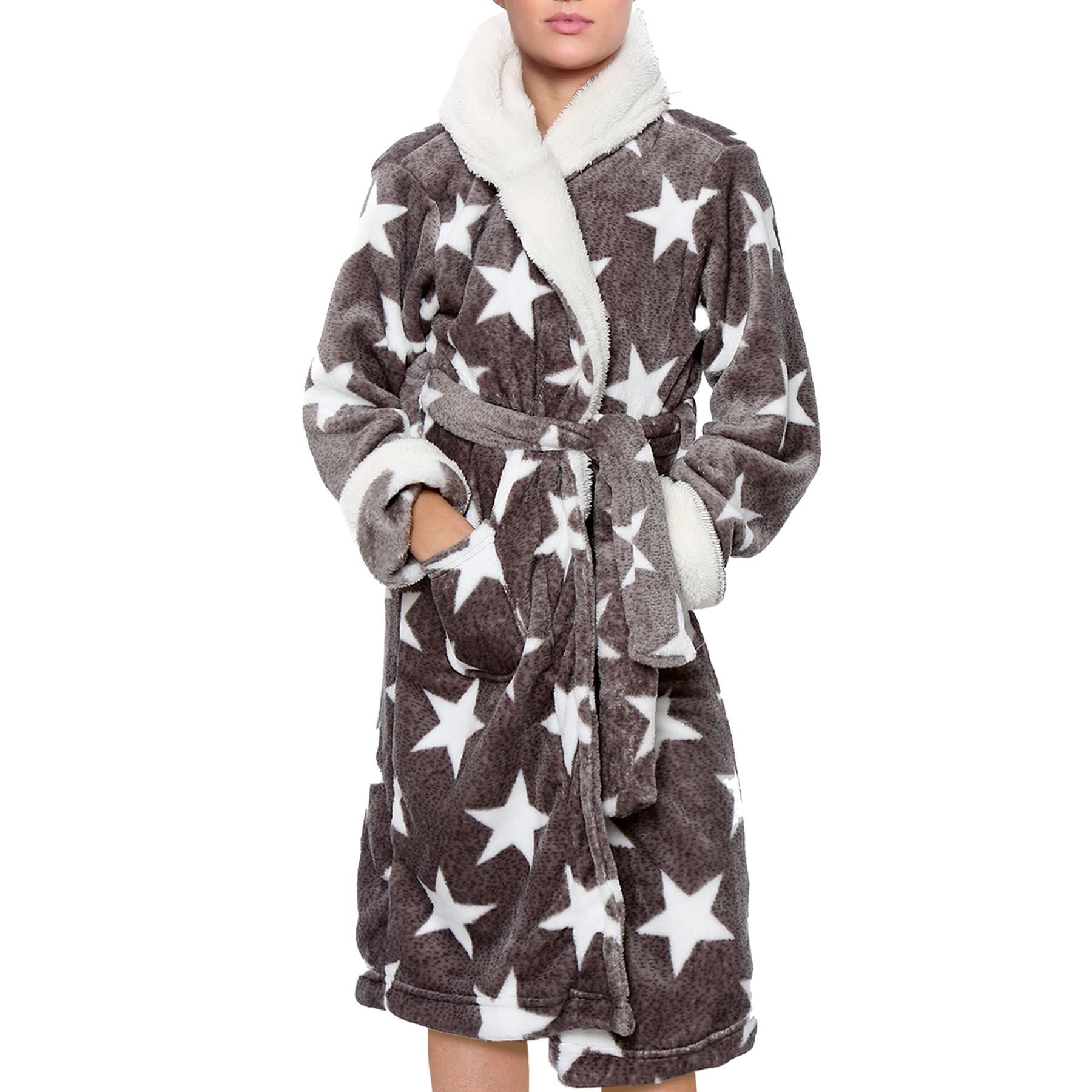 Womens Fleece Luxury Sherpa Grey Hooded Dressing Gown