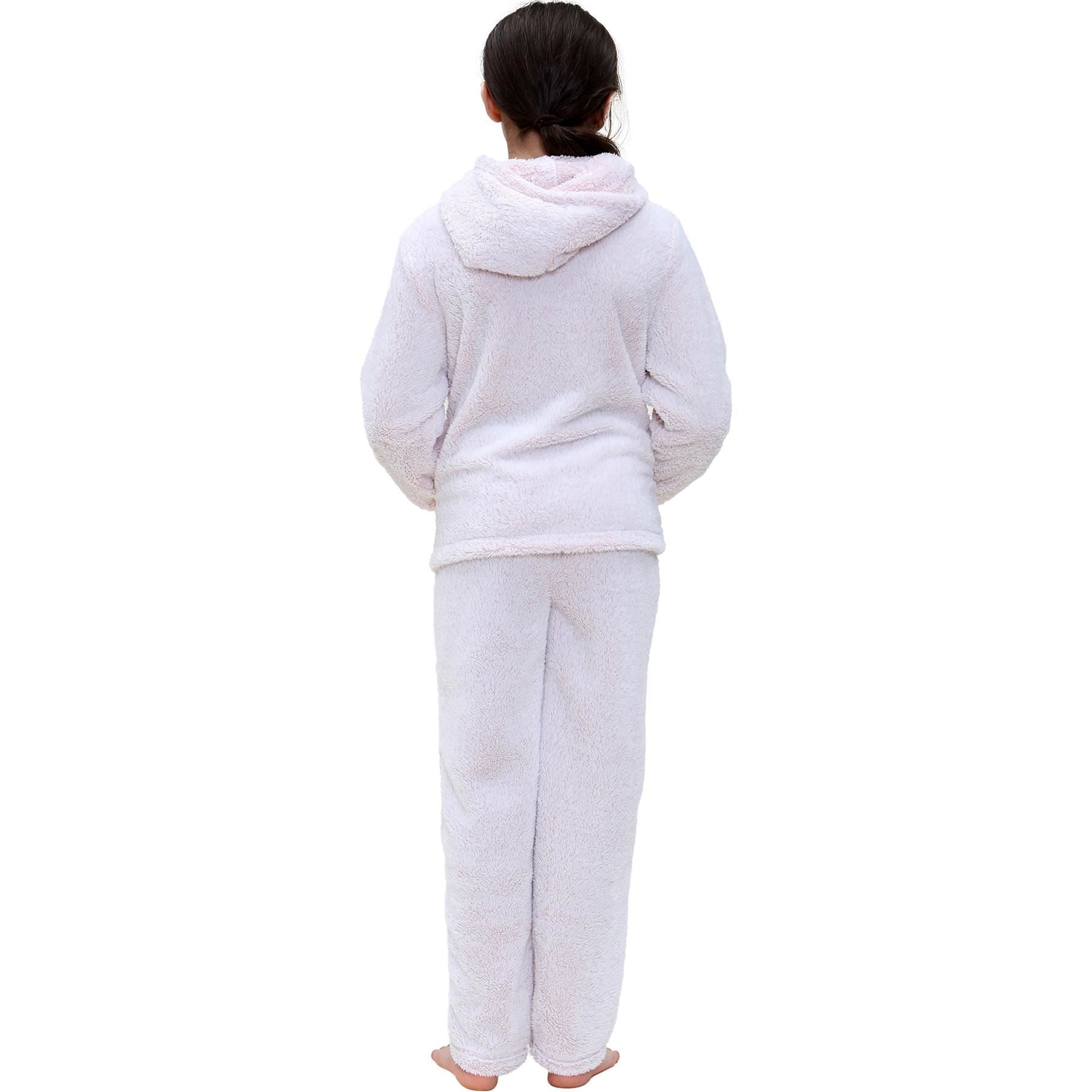 Kids Boys Girls Zipped Pyjama Extra Soft Hooded Thick Pile Fleece PJS Set
