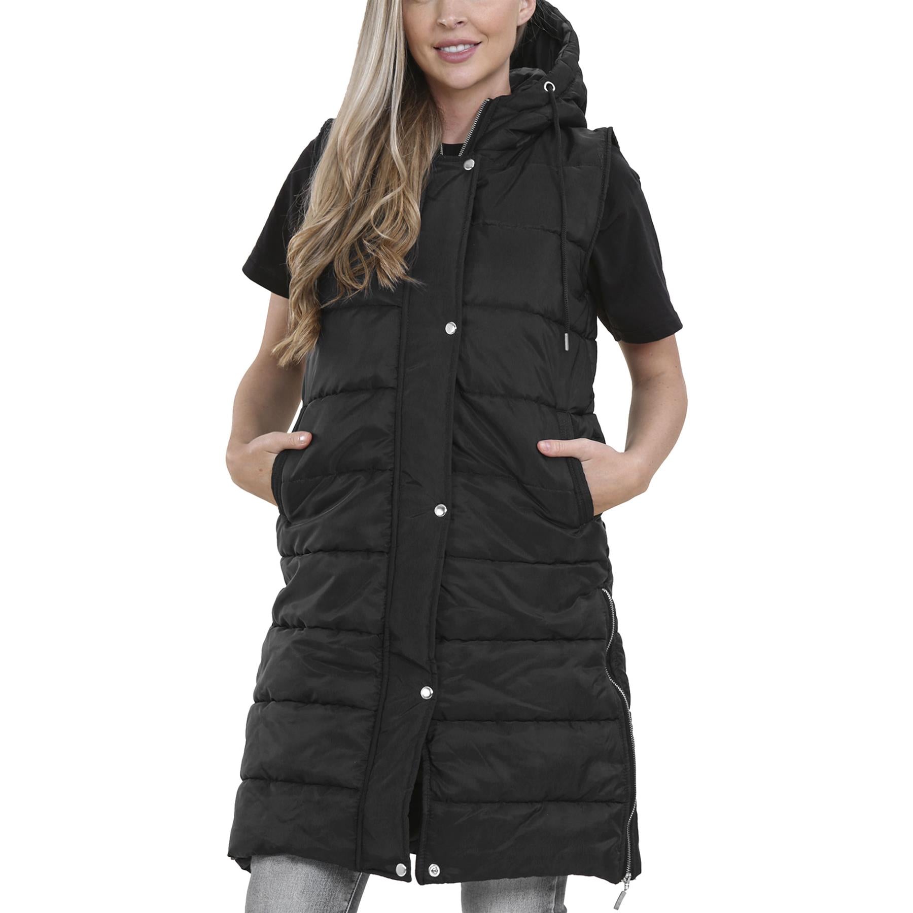 Ladies Oversized Zipped Gilet Long Line Style Black Jacket Sleeveless Long Coat