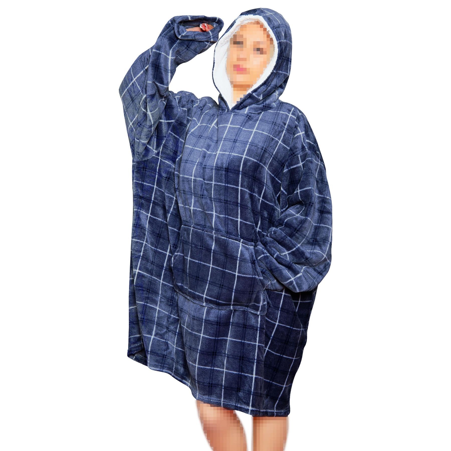 Unisex Men's Ladies Oversized Hoodie Blue Tartan Snuggle Super Soft Warm Blanket