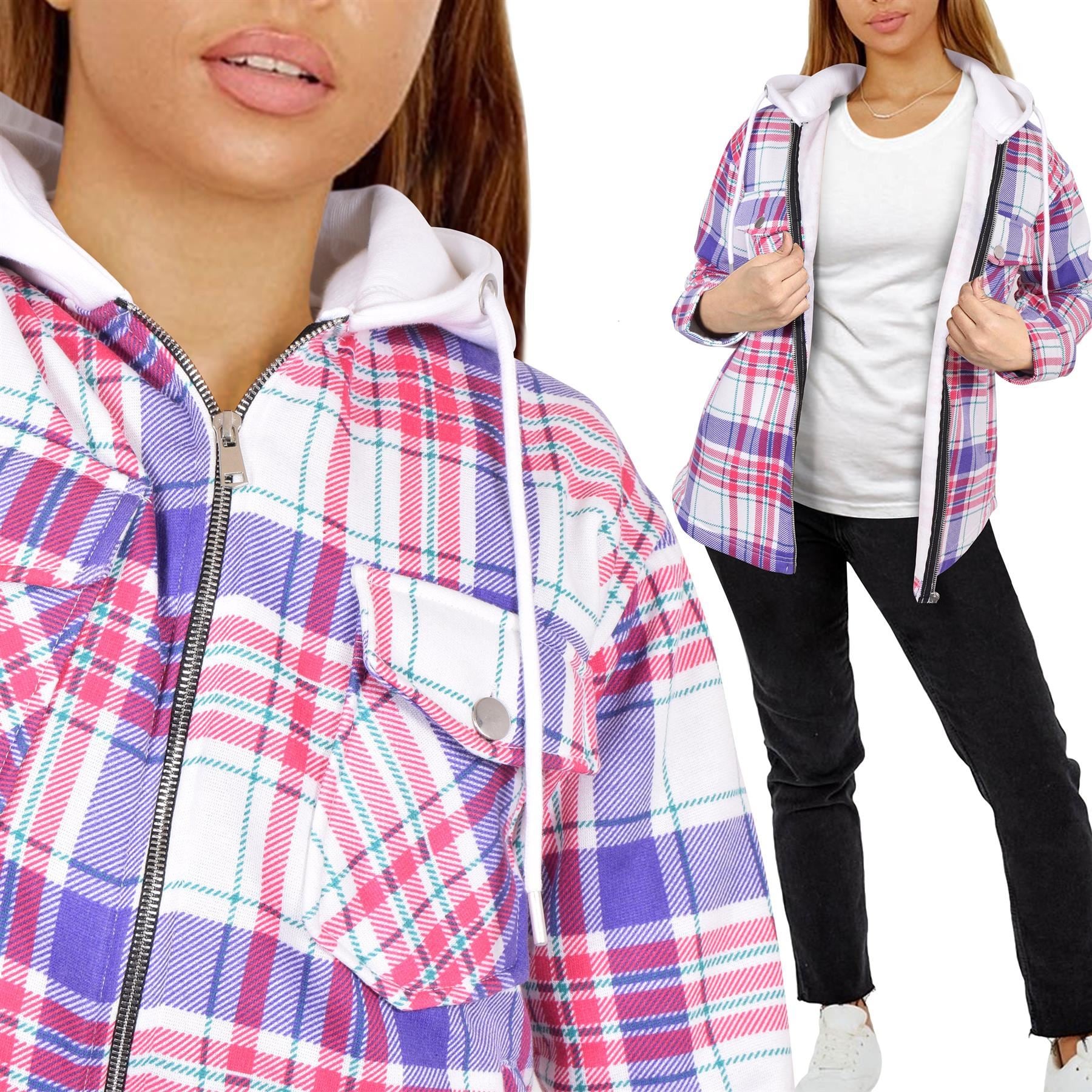 Ladies Shacket Purple Checked Print Oversize Hooded Coat For Women