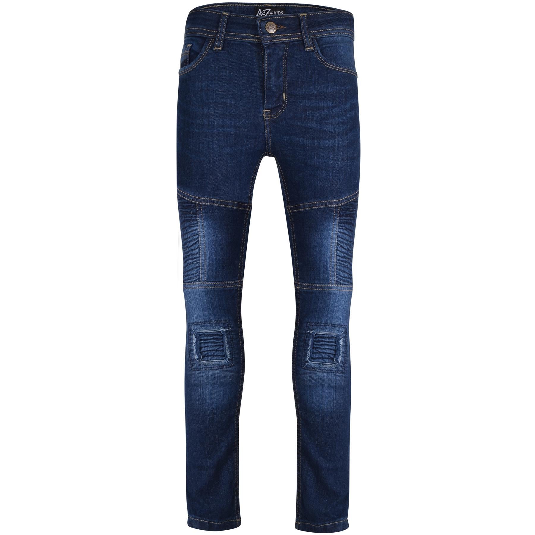 Boys Skinny Ripped Dark Blue Classic Cotton Patched Pants