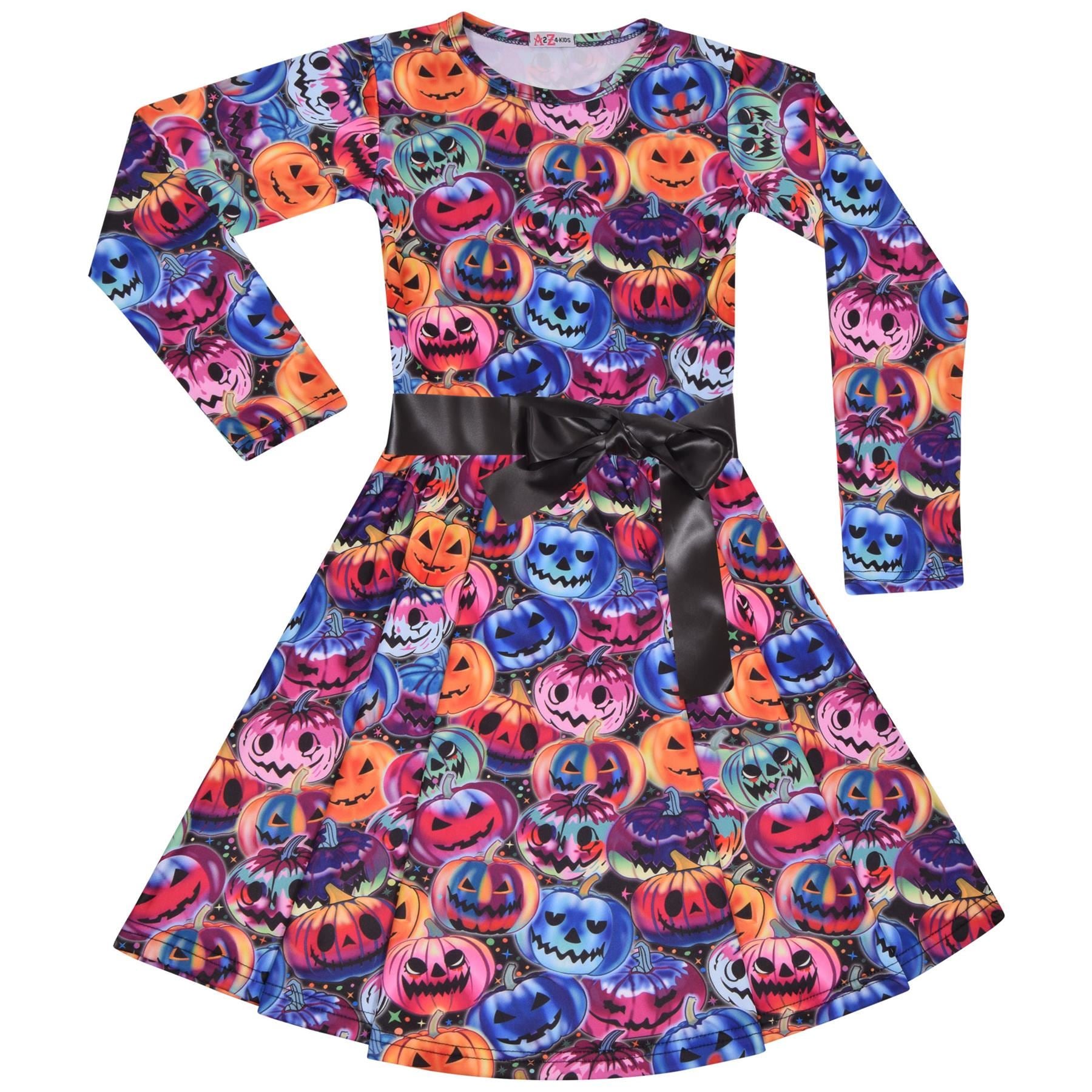 Girls Long Sleeves Multi Color Pumpkins Print Halloween Skater Dress