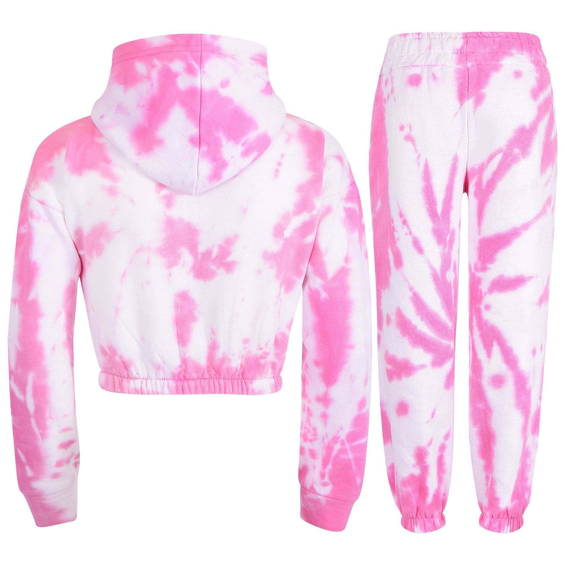 Kids Girls Tie Dye Pink Tracksuit Gym Cropped Hoodie Sweatpants