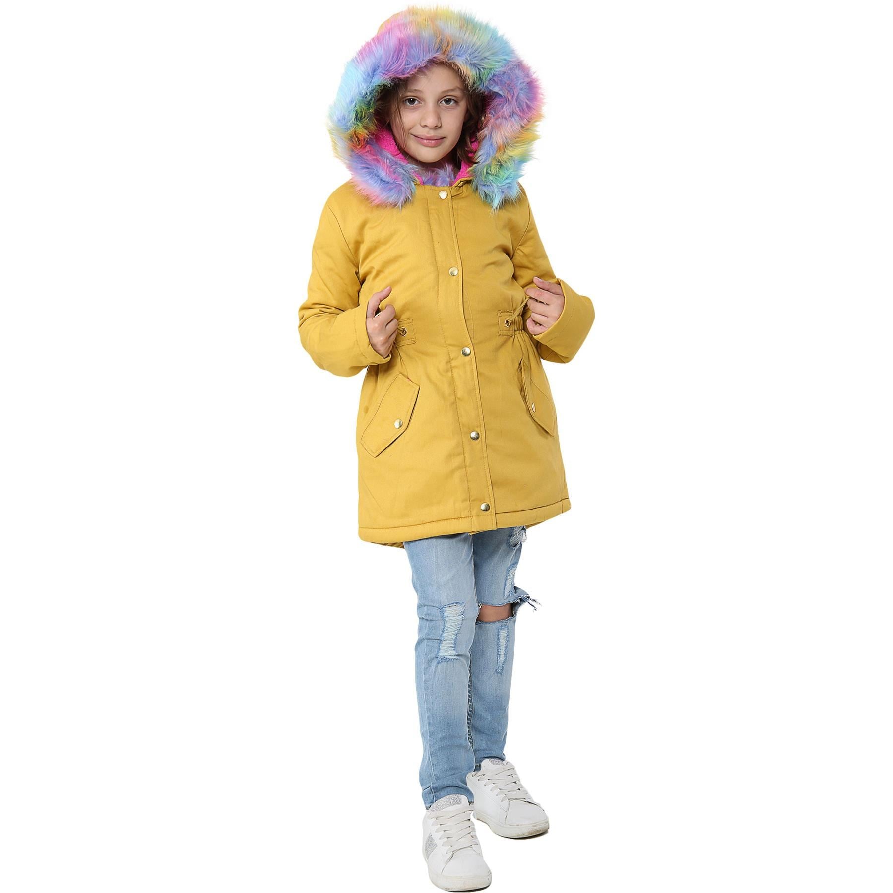 Kids Girls Hooded Coat Rainbow Faux Fur Mustard Parka School Jackets